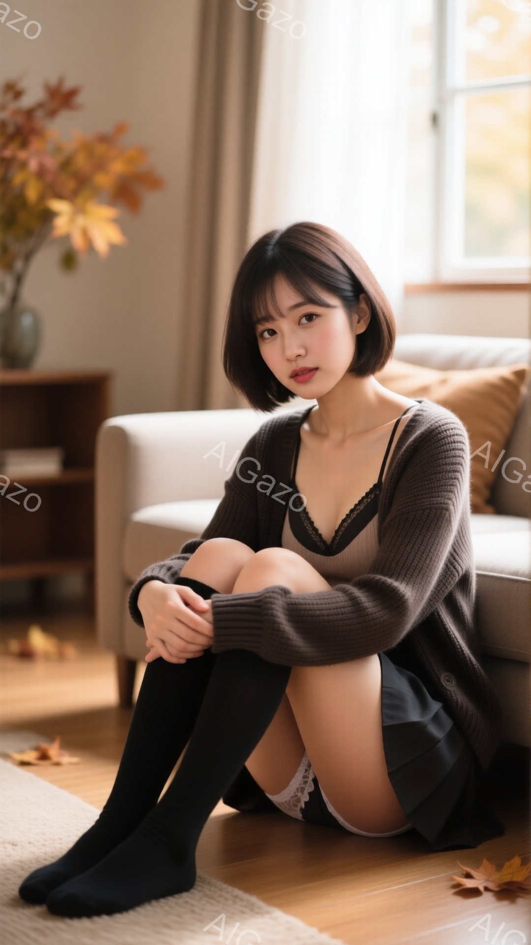ショートヘアの女性が、茶色のカーディガンとキャミソール、チェック柄のスカート、黒いソックスを着用し、フローリングに座って膝を抱えています。彼女はわずかに微笑み、落ち着いた表情をしています。背景にはソフ - AI生成フリー素材