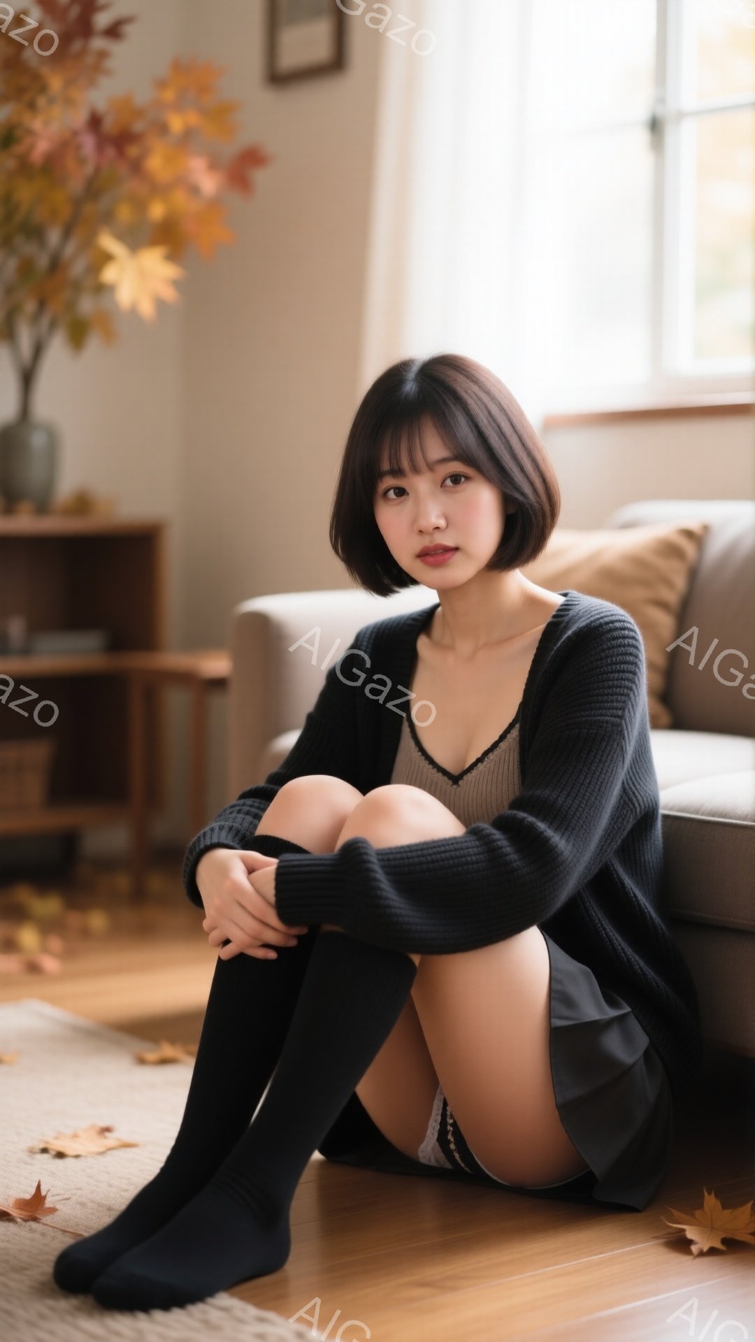 短い黒髪の女性が、膝を抱えてフローリングに座っています。黒のニットカーディガンと、黒いニーハイソックスを着用し、グレーのキャミソールと黒いスカートを覗かせています。背景には、ソファや植物、落ち葉が見え、秋の落ち着いた雰囲気が漂っています。