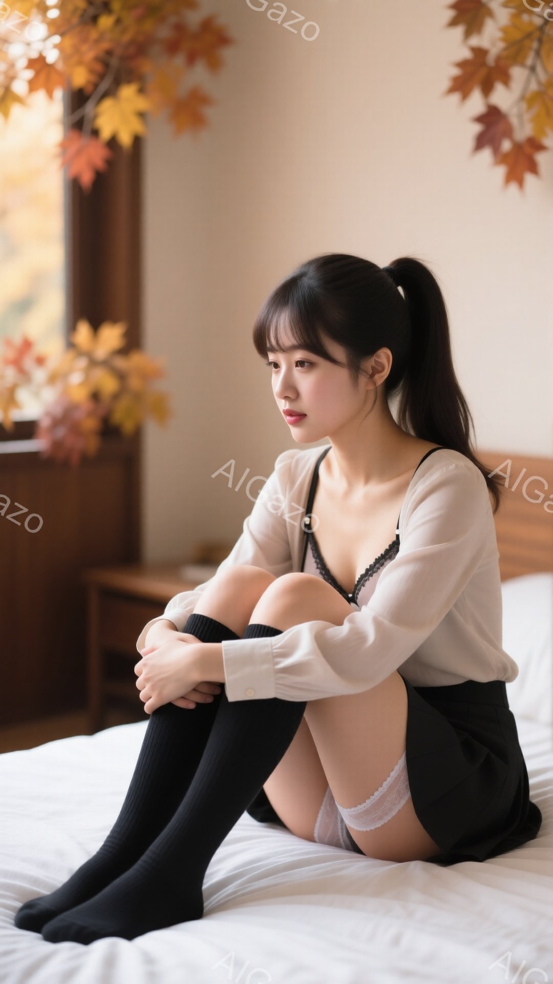 黒髪の女性が白いベッドに膝を抱えて座っている。オフホワイトのシャツと黒いミニスカート、膝丈の黒いソックスを着用し、表情は少し憂いを帯びている。背景には木製の家具と鮮やかな秋の紅葉が飾られた窓があり、全 - AI生成フリー素材