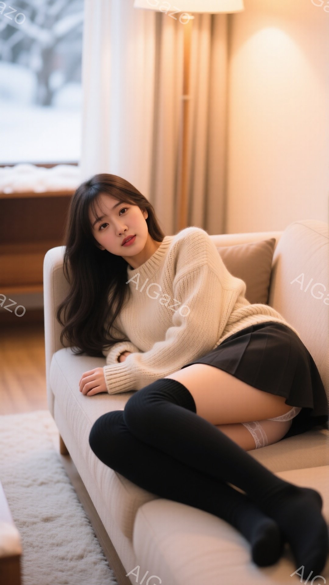 長い黒髪の女性が、ベージュ色のソファに横たわっています。オフホワイトのざっくりとしたセーターと黒のミニスカート、そして黒いニーハイソックスを着用し、リラックスした表情をしています。背景には窓と暖炉が見 - AI生成フリー素材