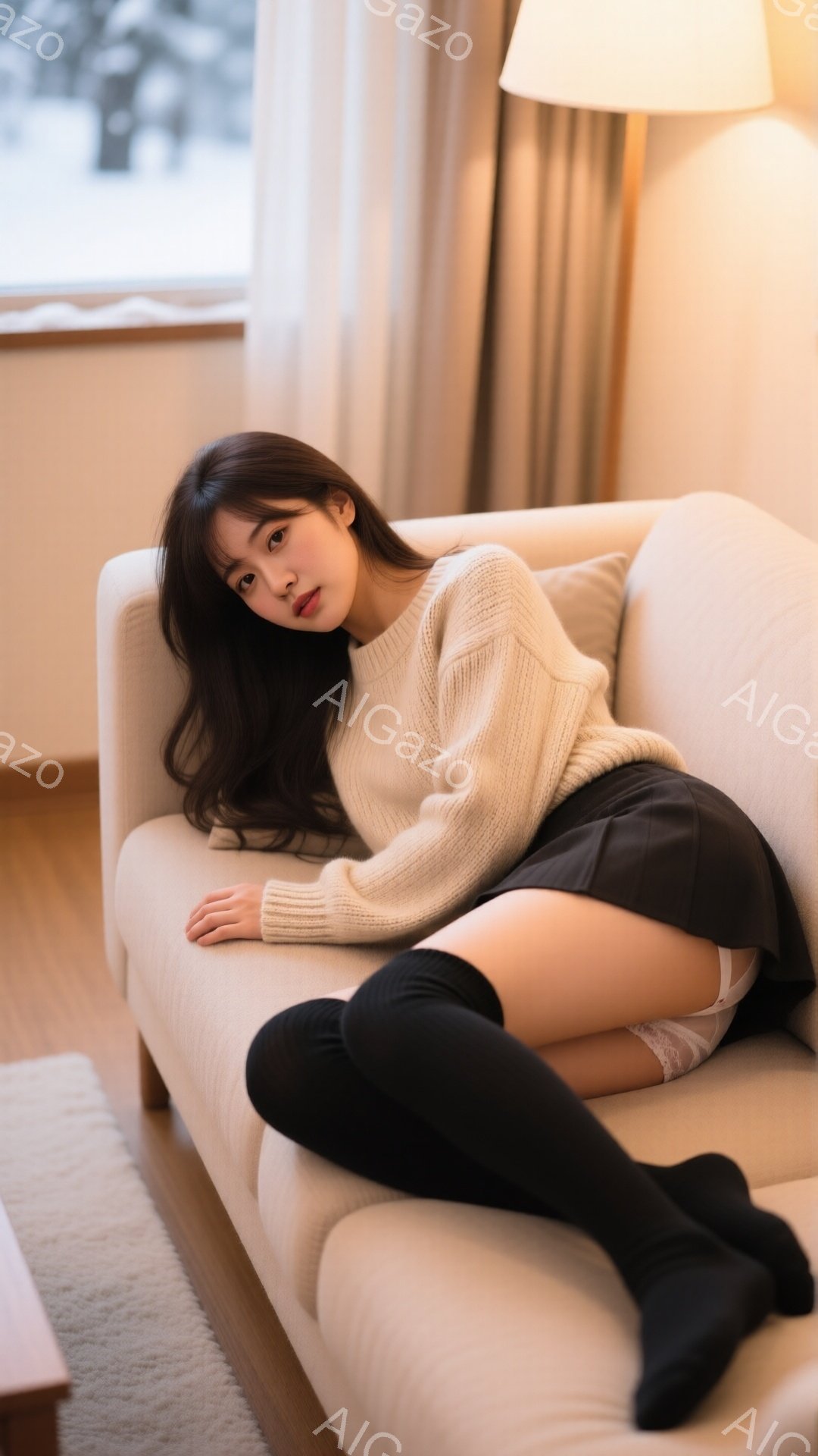 長い黒髪を無造作に垂らし、ベージュのざっくりニットに黒い太もも丈ソックスを合わせた女性が、クリーム色のソファに横たわっている。彼女は少し微笑み、リラックスしたポーズで腕を曲げ、片足をもう一方の足に乗せ - AI生成フリー素材