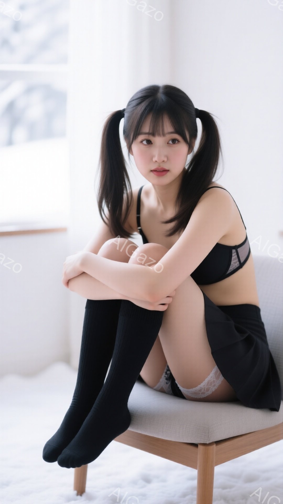 黒髪のロングヘアをツインテールにし、前髪を少し下ろした若い女性が椅子に座っています。黒いミニスカートと黒いニーハイソックス、黒いブラレットを着て、膝を抱えて座っており、控えめな表情をしています。背景は - AI生成フリー素材