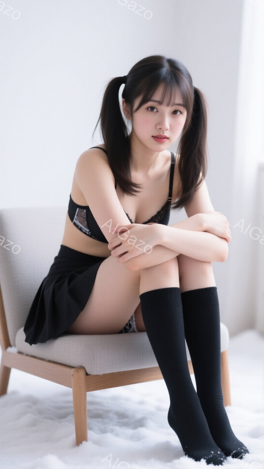 黒い髪をツインテールにした若い女性が、ベージュ色の椅子に座っています。黒いミニスカートとレースのブラレット、膝上ソックスを身に着け、両膝を抱えて座り、少し微笑んでいます。背景は白い壁と白いカーペットで - AI生成フリー素材