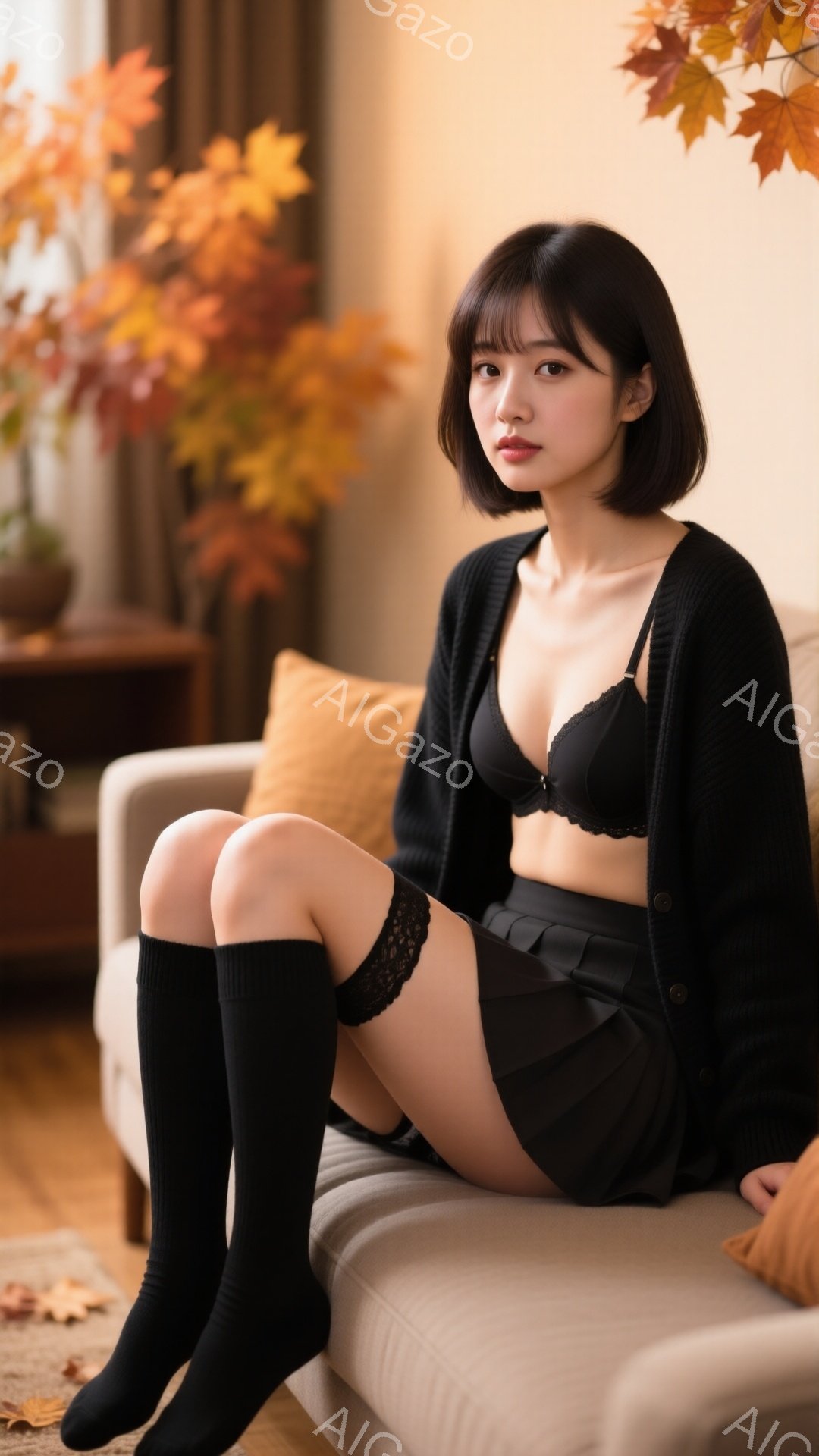 黒いカーディガンを着て、黒いニーハイソックスを履いた若い女性がベージュのソファに座っています。彼女は黒いレースのブラレットとプリーツスカートを着用し、膝を曲げて座り、少し下を向いた表情をしています。背 - AI生成フリー素材