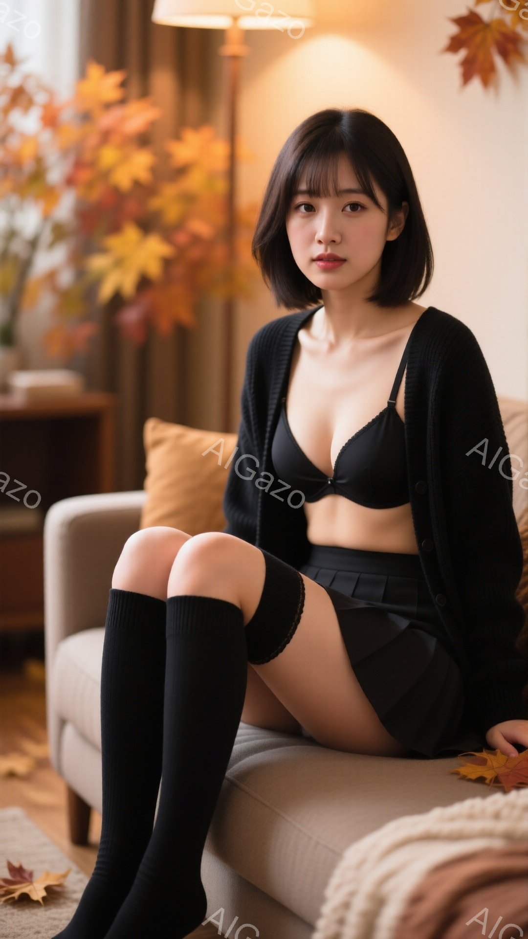 短い黒髪の女性が、ベージュのソファに座っています。彼女は黒のカーディガン、黒のレース付きブレスレット、そして黒いニーハイソックスを着用し、黒い下着を覗かせています。背景には、黄色とオレンジの落ち葉と、 - AI生成フリー素材
