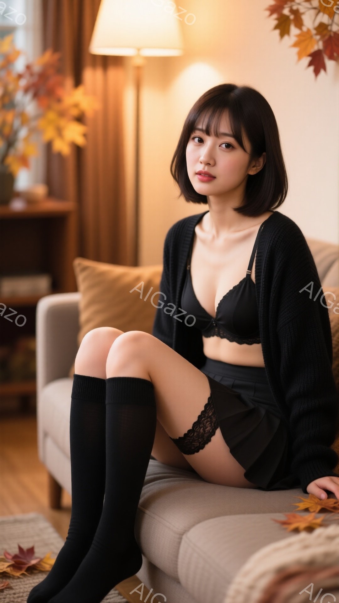 黒いニットカーディガンを羽織り、黒い膝上ソックスと黒い下着姿の女性がベージュ色のソファに座っています。彼女は短い黒髪で、顔にはわずかな微笑みが浮かんでいます。背景には木製の棚や間接照明があり、落ち葉が散らばる秋の雰囲気が漂っています。