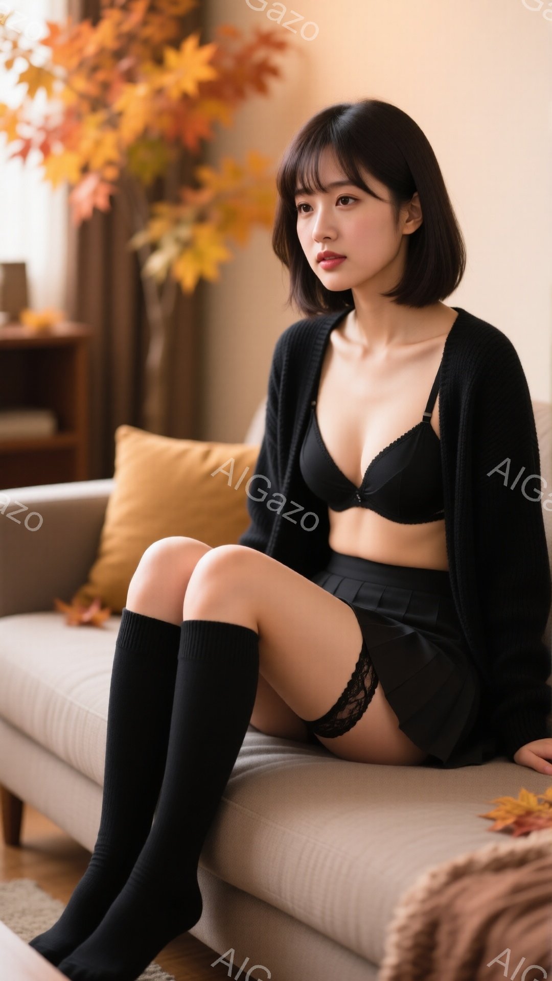 黒いニットカーディガンを着た若い女性が、ベージュのソファに座っています。黒いブラレットとミニスカート、膝丈の黒いソックスを着用し、少し物憂げな表情をしています。背景には、秋らしいオレンジ色の葉が装飾された植物や、明るい色のクッションが見え、温かく落ち着いた雰囲気です。