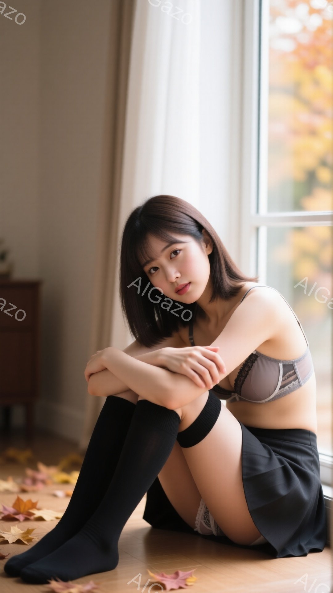 モデルは、膝を抱えて床に座っており、黒いニーハイソックスとグレーのブラレットと黒いスカートを身に着けている。背景には窓があり、秋の紅葉が散りばめられた床が見える。全体的に、憂いを帯びた静かで穏やかな雰囲気が漂っている。