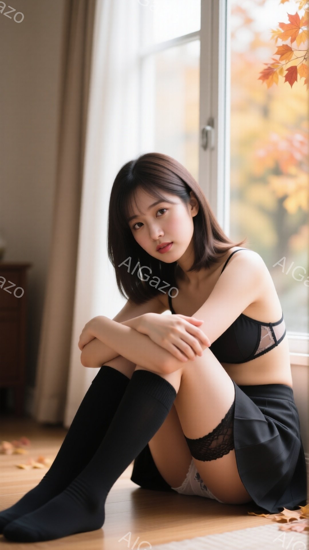 黒い膝上ソックスと黒いミニスカート、レースのブラレットを着た若い女性が、木の床に座って膝を抱えています。彼女は茶色の短い髪で、少し憂いを帯びた表情をしています。背景には窓があり、秋の紅葉がぼんやりと見 - AI生成フリー素材