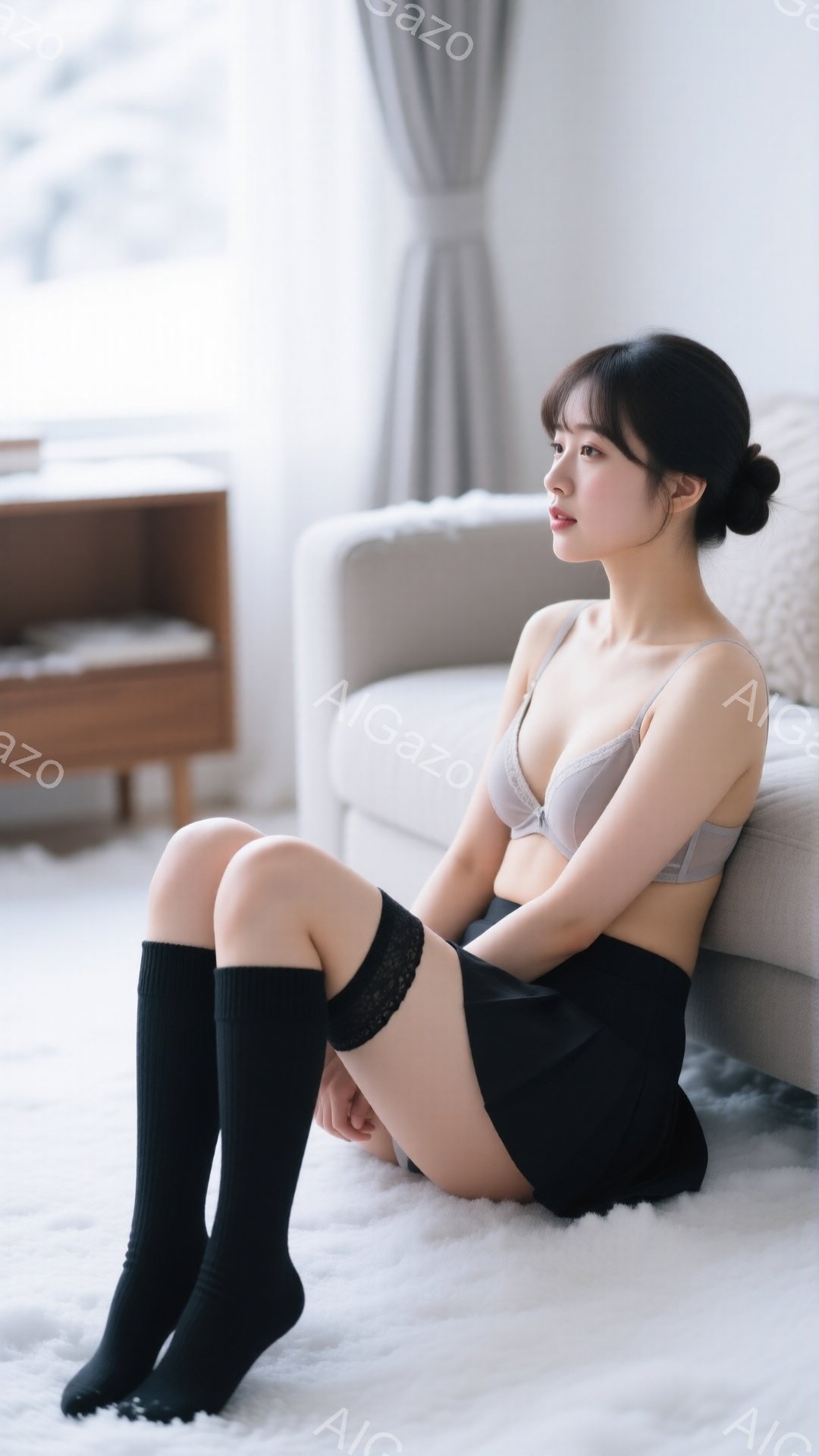 長い黒い靴下と黒いスカートを身に着けた女性が、薄いグレーのブラジャーを着用して白いカーペットの上に座っています。彼女は横を向き、穏やかな表情で遠くを見つめています。背景には薄いグレーのソファと木製のサ - AI生成フリー素材