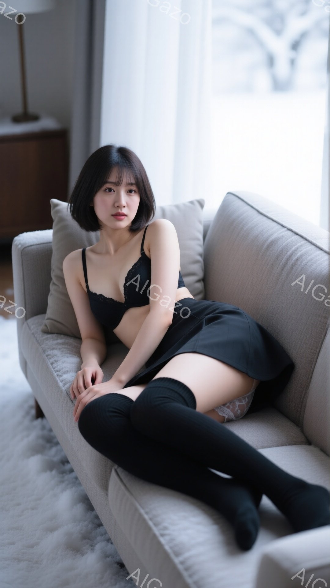 黒髪のショートボブヘアの女性が、ベージュ色のソファに横たわっている。黒いキャミソールとミニスカート、膝上までの黒いソックスを着用し、少し微笑んだ表情でカメラを見ている。背景にはぼんやりとした風景が見え - AI生成フリー素材