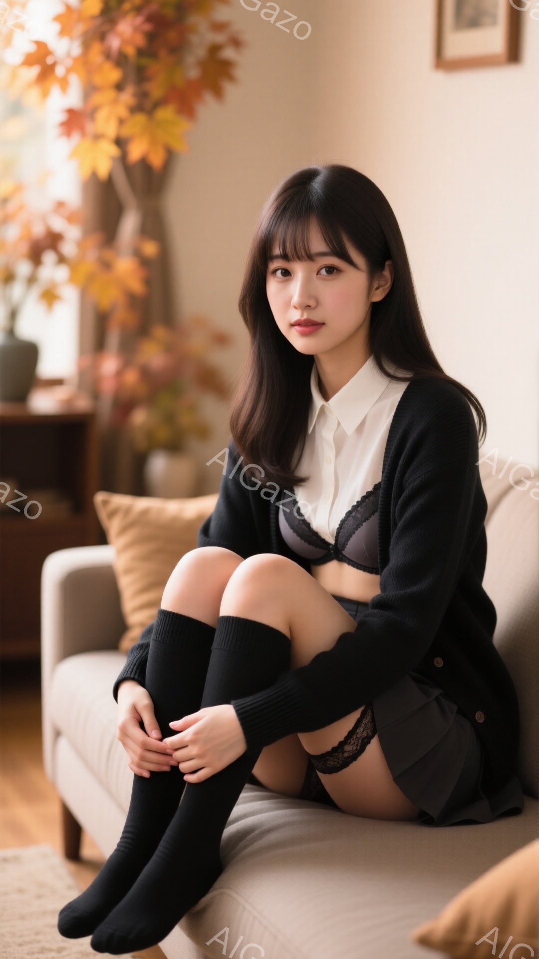 長い黒髪の女性がソファーに座っており、白いシャツに黒のカーディガン、グレーのスカート、そして黒のニーハイソックスを着用しています。彼女は膝を抱え、少し微笑みを浮かべ、落ち着いた表情をしています。背景に - AI生成フリー素材