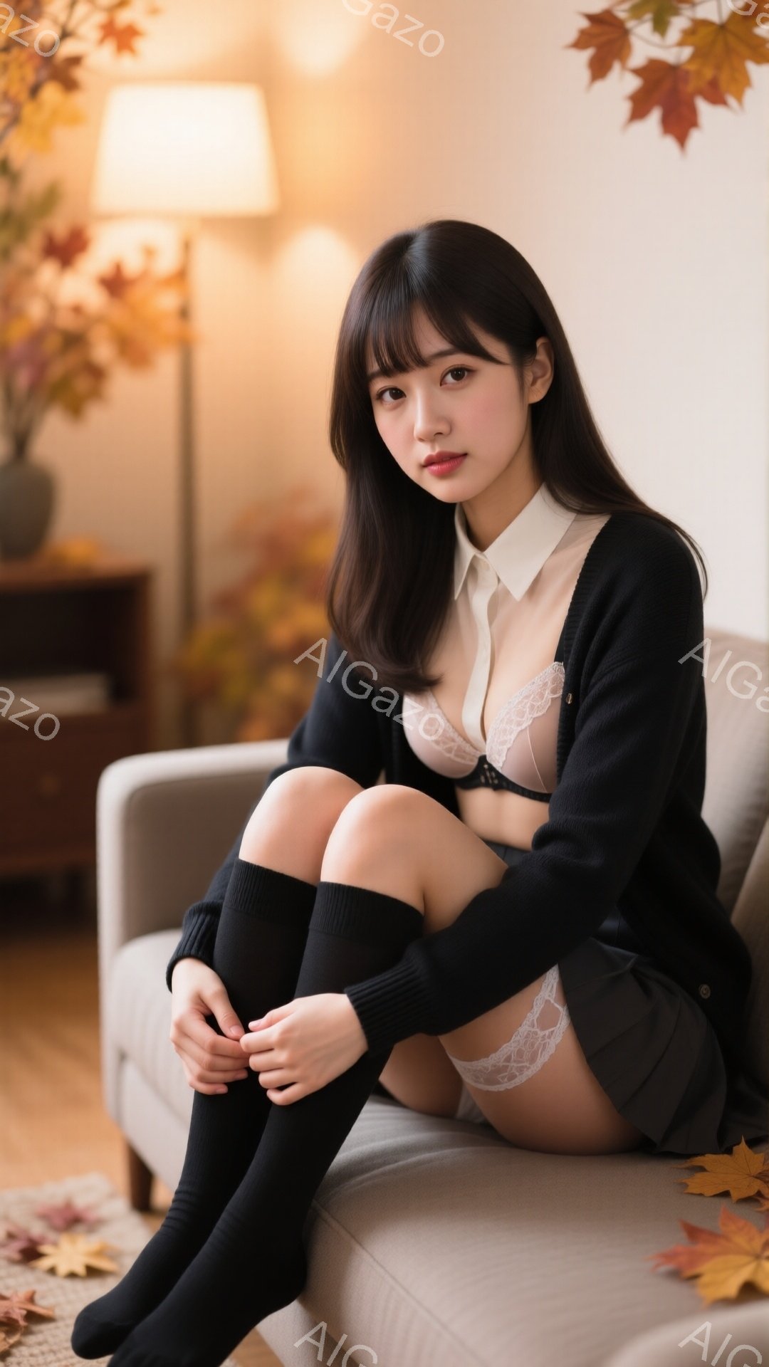 長い黒髪で前髪がぱっつんカットの女性が、ベージュのソファに座って膝を抱えています。白いブラウスに黒いカーディガン、短いグレーのスカート、そして黒いニーハイソックスを着用しており、露出度の高い装いです。 - AI生成フリー素材