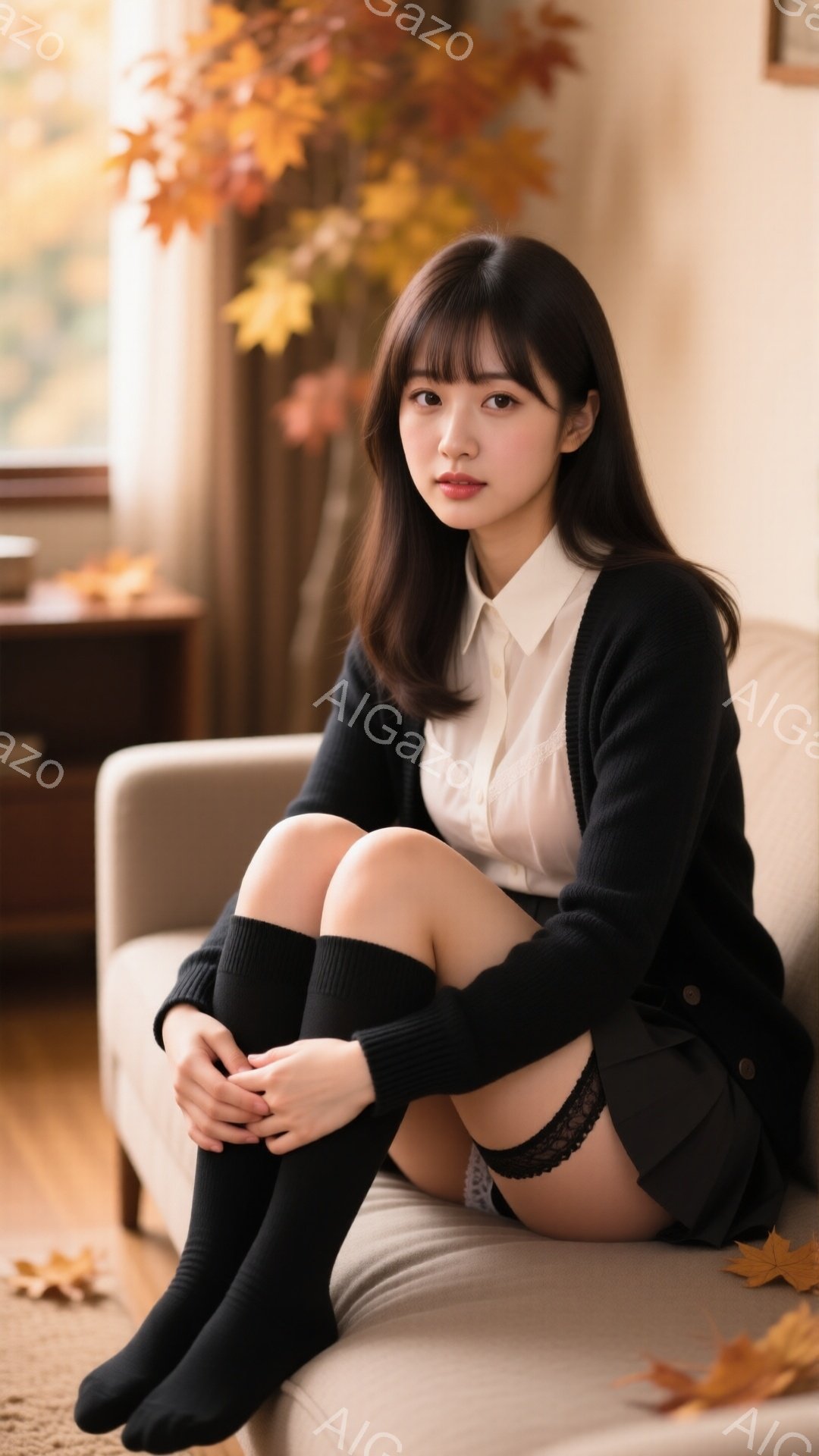 長いダークブラウンの髪は肩にかかり、前髪は眉毛にかかっています。白いシャツに黒いカーディガンとスカートを着用し、黒いオーバーニーソックスを履いています。彼女はソファーに座り、両膝を抱えて少し恥ずかしそ - AI生成フリー素材