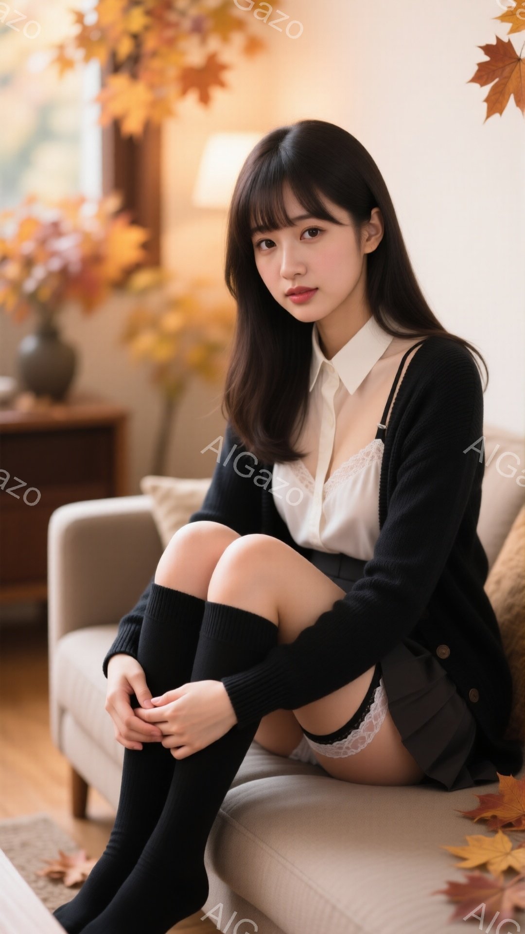 長い黒髪の女性がベージュのソファに座っており、膝を曲げて足を組んでいます。白いブラウスに黒のカーディガンとスカートを着用し、黒いニーハイソックスを履いています。背景には花が飾られたテーブルや、秋らしい - AI生成フリー素材