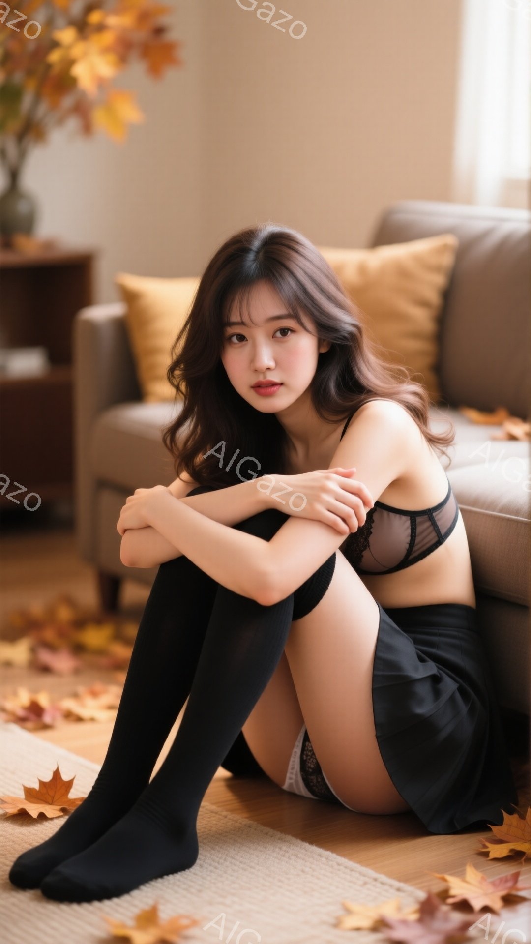 長い茶色の髪をした若い女性が床に座って膝を抱えています。黒いニーハイソックスとレースのブラとミニスカートを身につけ、少し憂いを帯びた表情をしています。背景にはグレーのソファとオレンジ色のクッション、そして落ち葉が散らばった木製の床があり、秋らしい温かい雰囲気を醸し出しています。