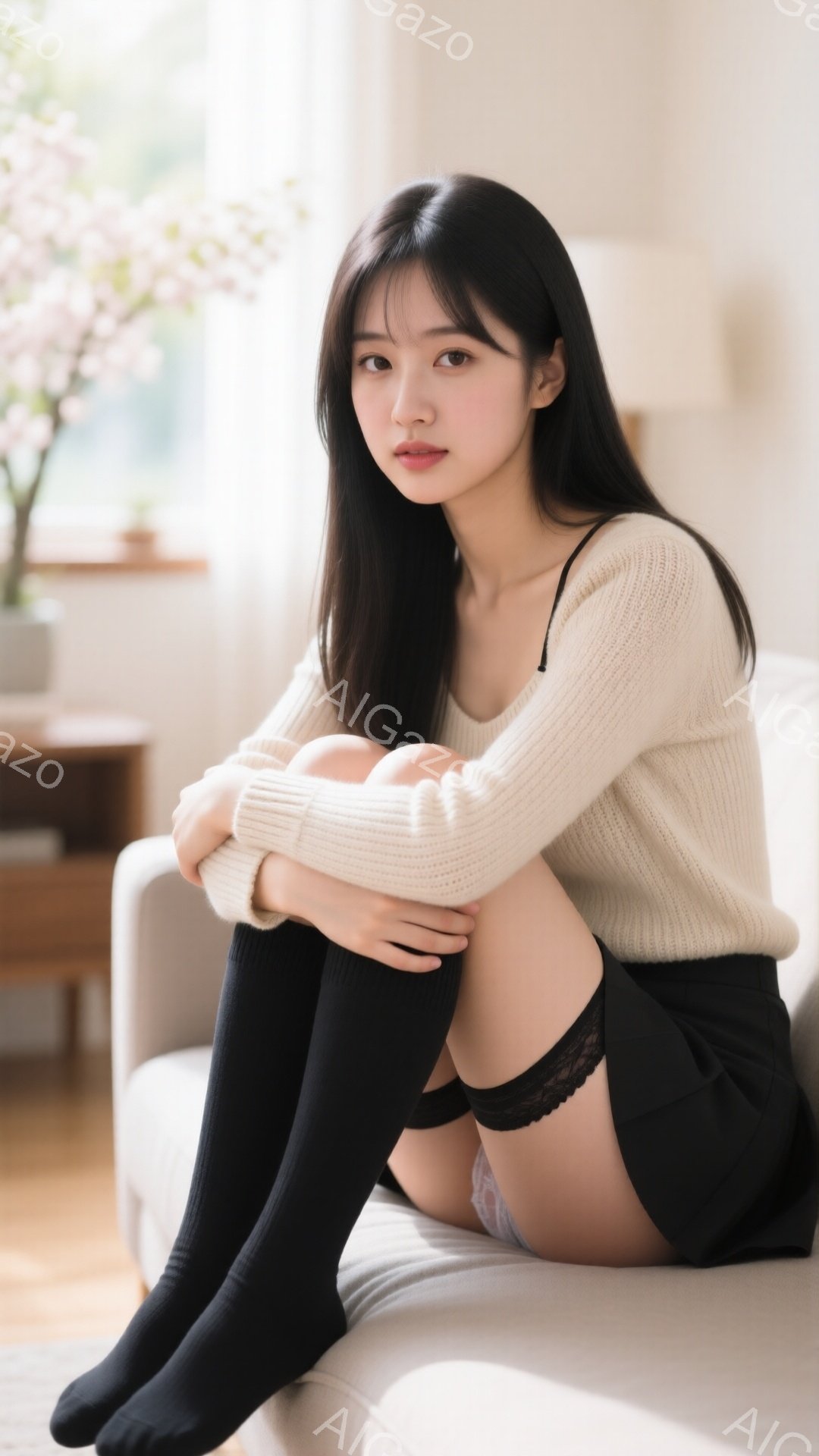 長い黒髪を肩にかけ、ベージュのニットセーターと黒のミニスカートを着用した女性がソファに座っています。膝を抱え、少し微笑んだ表情を浮かべており、黒のニーハイソックスとレースのついた下着が覗いています。背 - AI生成フリー素材