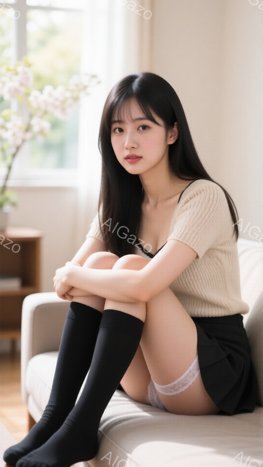長い黒髪の女性が、ベージュ色のニットと黒いミニスカート、膝丈の黒いソックスを着用してソファに座っています。彼女は膝を抱え、わずかに微笑んでカメラを見ており、背景には木製の棚と桜の枝が見えます。 全体的 - AI生成フリー素材