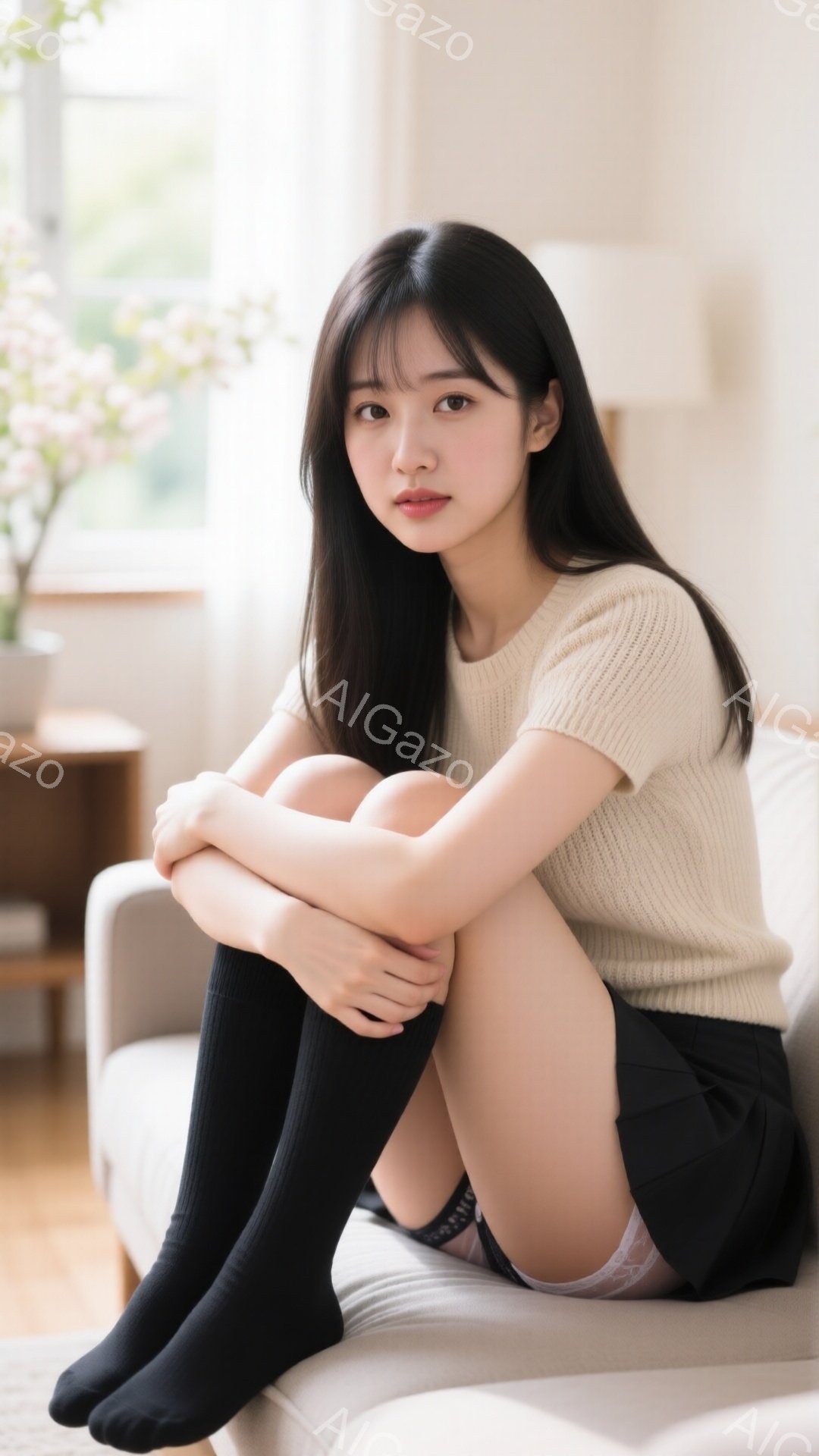 長い黒髪の女性が、ベージュのセーターと黒のニーハイソックスを履いて、灰色のソファに膝を抱えて座っています。彼女は控えめでわずかに微笑んだ表情をしており、背景には窓から差し込む光と、小さなテーブルに飾ら - AI生成フリー素材