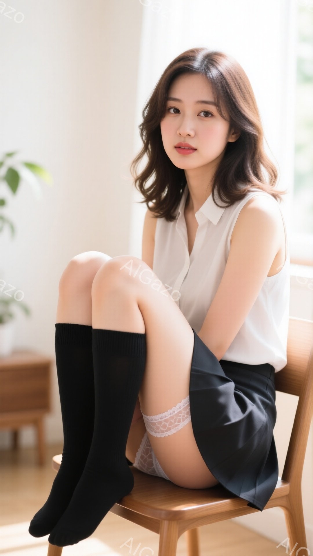 長い茶色の髪を肩まで伸ばした若い女性が、木製の椅子に座ってこちらを見ている。白いブラウスと黒いミニスカート、黒いニーハイソックスを身につけ、膝を揃えて座っている。背景には木製のキャビネットと窓から差し - AI生成フリー素材