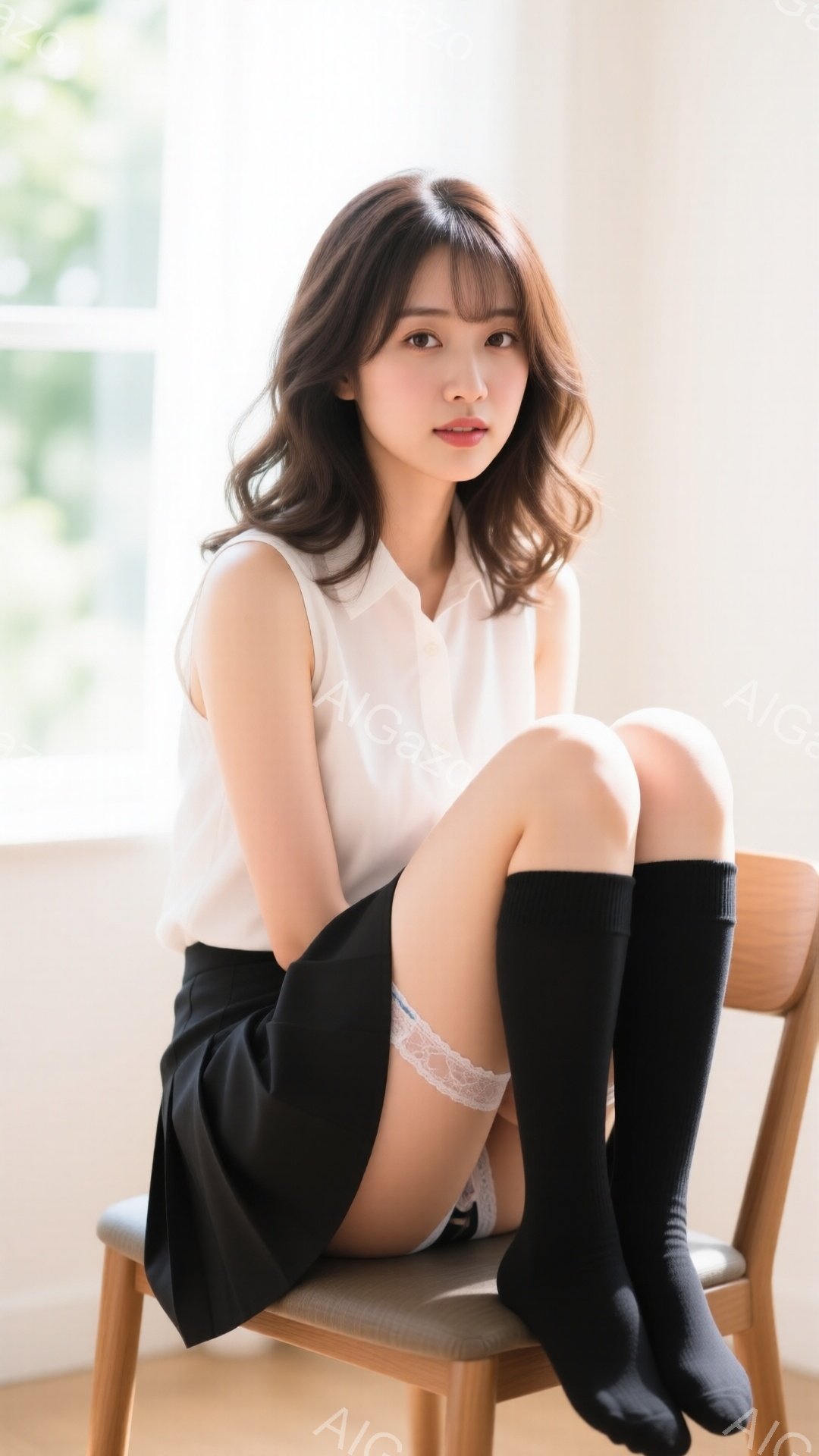 黒いニーハイソックスとミニスカートを着用した若い女性が、明るい木製の椅子に座っています。彼女は白いブラウスを着ており、肩までゆるやかなウェーブのかかった髪型で、少し微笑んでいます。背景はぼやけていますが、窓と明るい自然光が見え、全体的に柔らかく、親しみやすい雰囲気です。