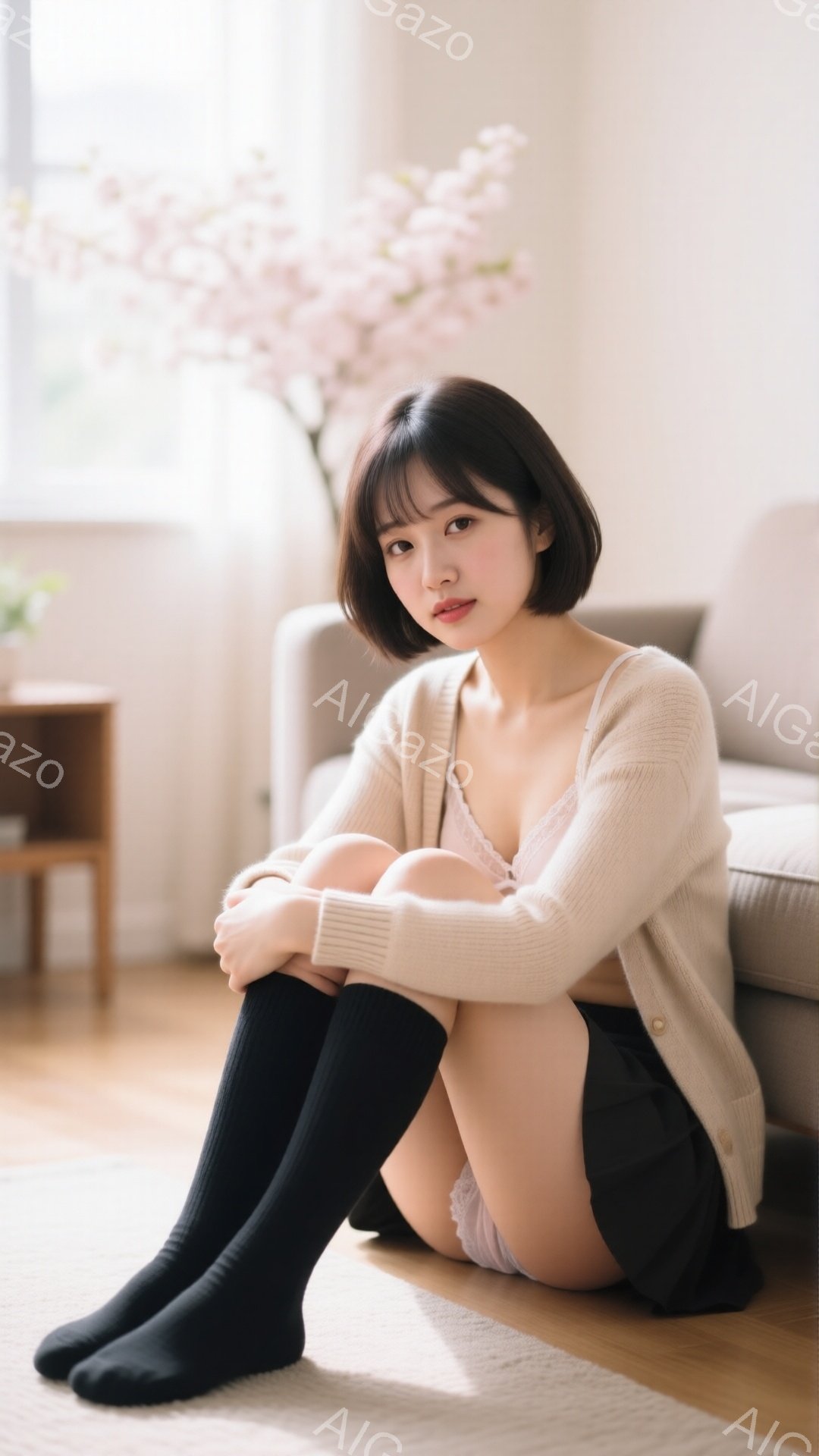 短い茶色の髪の女性が、ベージュ色のカーディガンと黒いミニスカート、膝丈の黒いソックスを着用し、床に座って膝を抱えています。彼女は少し微笑んでおり、背景には灰色とベージュのソファと、桜の花が咲いた花瓶が - AI生成フリー素材