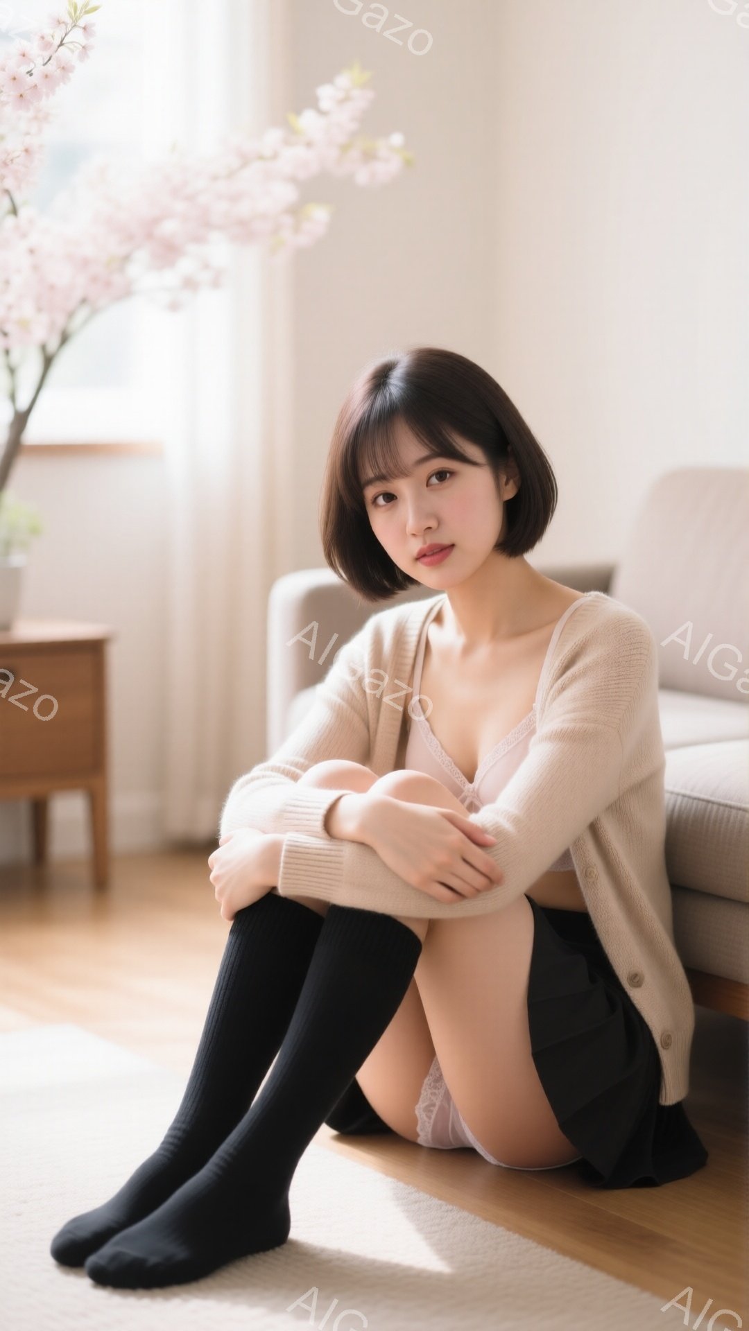 ショートヘアの女性が床に座り、膝を抱えています。ベージュのカーディガンに白いレースのキャミソール、黒の膝丈ソックスを履いており、控えめながらも女性らしい装いです。背景には木製のキャビネットと、桜の花が飾られています。