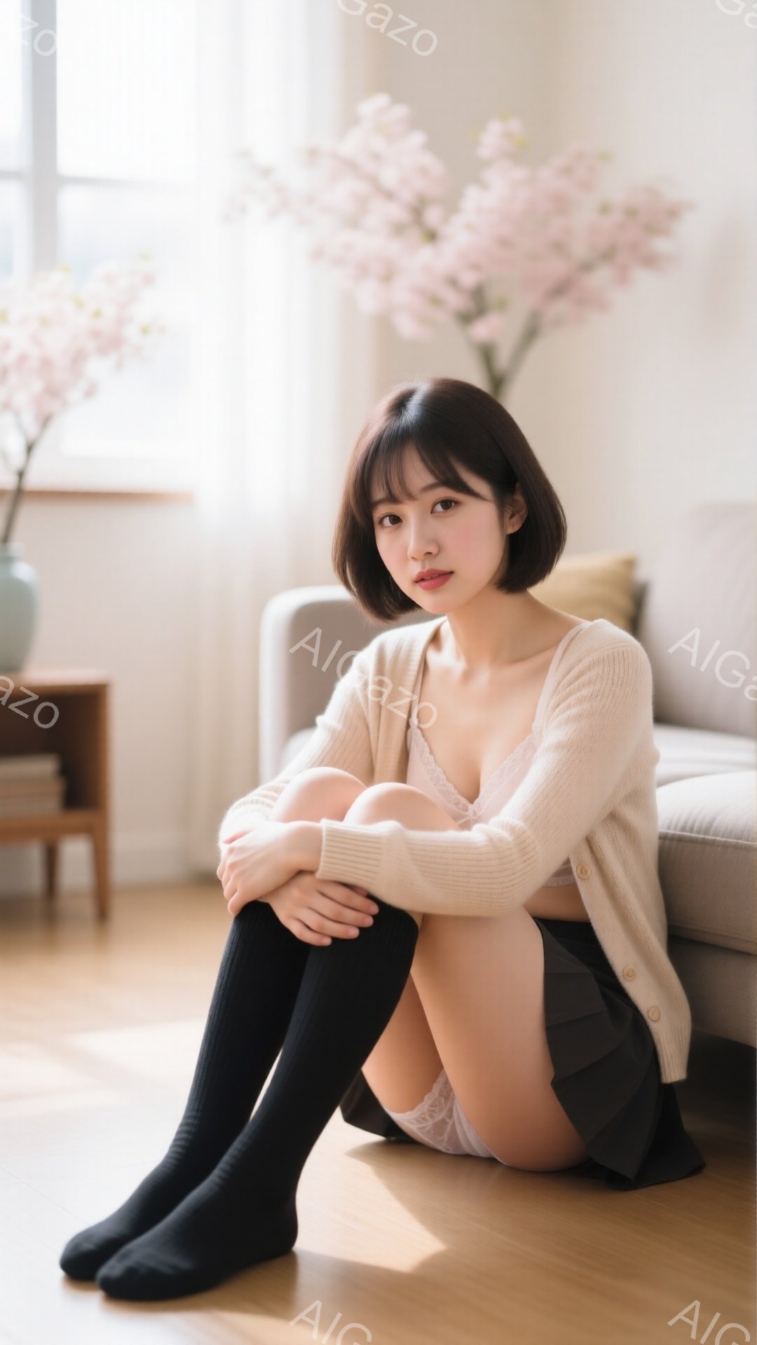 明るいリビングルームで、若い女性が床に座り、膝を抱えています。ベージュのカーディガンにレースのキャミソールと黒いニーハイソックスを着用し、少し憂いを帯びた表情でこちらを見ています。背景には、薄いピンクの花の飾りが置かれた棚と、グレーのソファが見えます。
