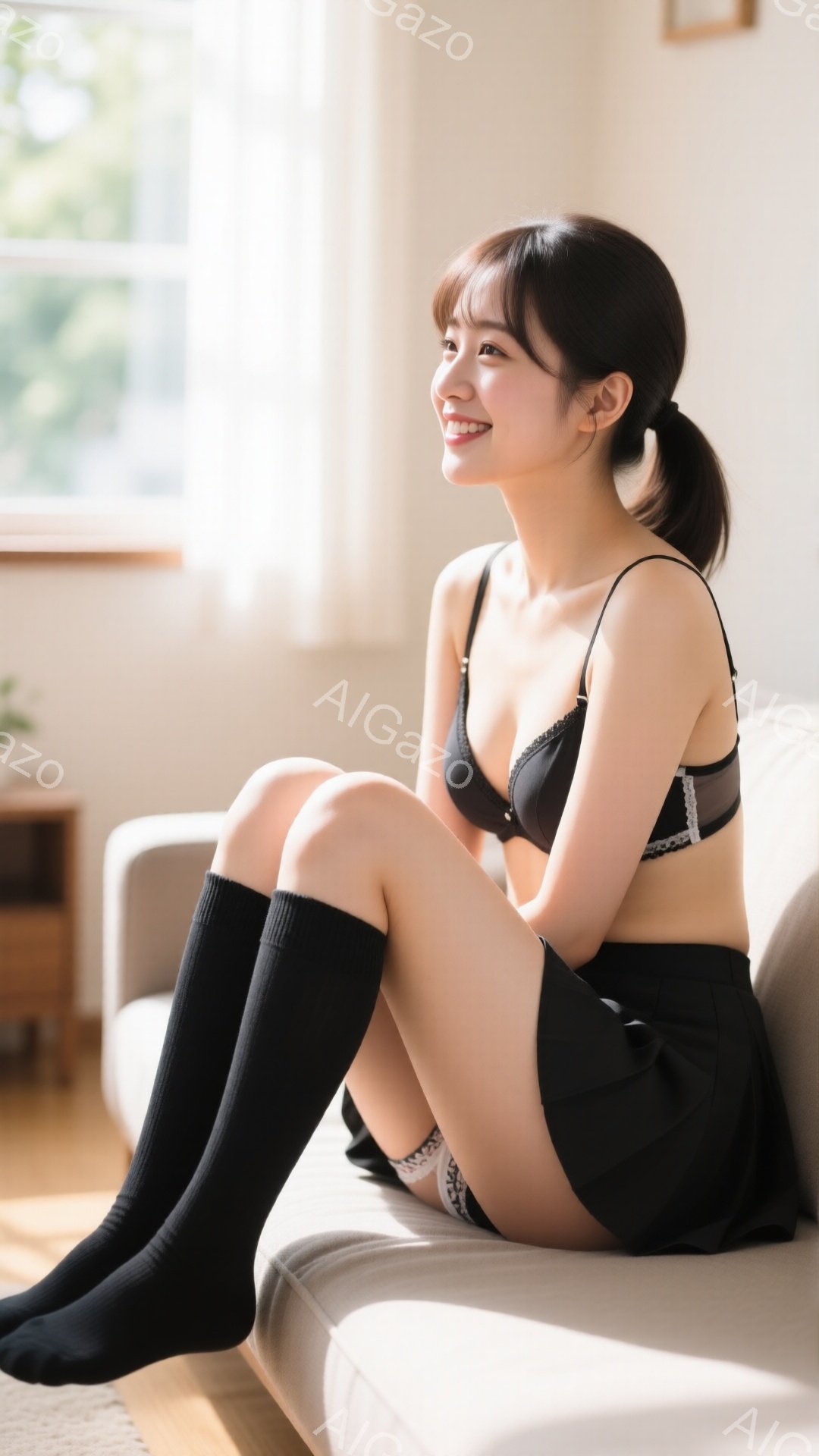 長い黒い靴下と黒いミニスカートを履いた女性が、ベージュ色のブラレットを着てソファに座っています。彼女は右を向き、微笑んでおり、髪は後ろでポニーテールに結ばれています。窓から差し込む光が部屋を明るく照ら - AI生成フリー素材