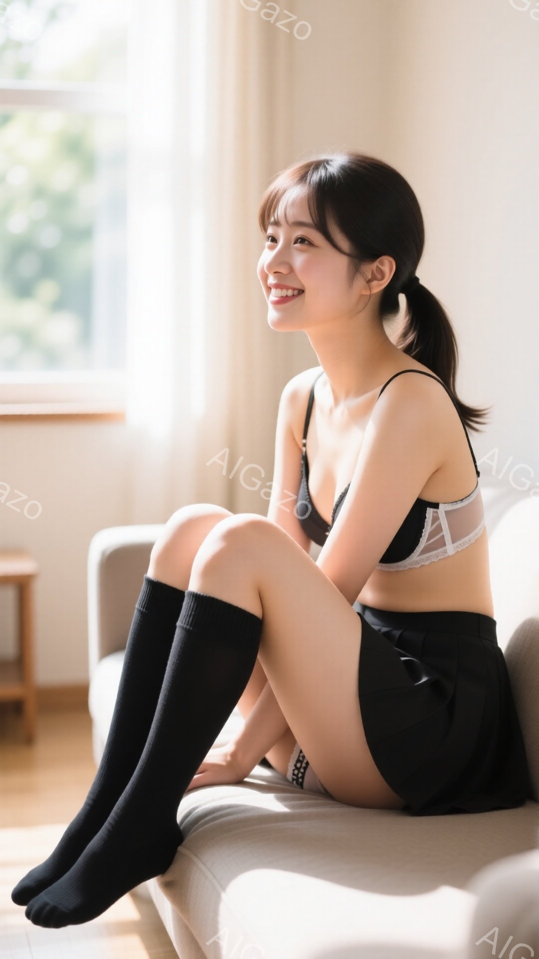 長い黒い靴下を履き、黒い下着と短パン姿の若い女性が、ベージュ色のソファに座って微笑んでいます。彼女は髪をポニーテールにし、リラックスした表情で、どこかを見つめています。背景には窓があり、部屋は明るく、 - AI生成フリー素材