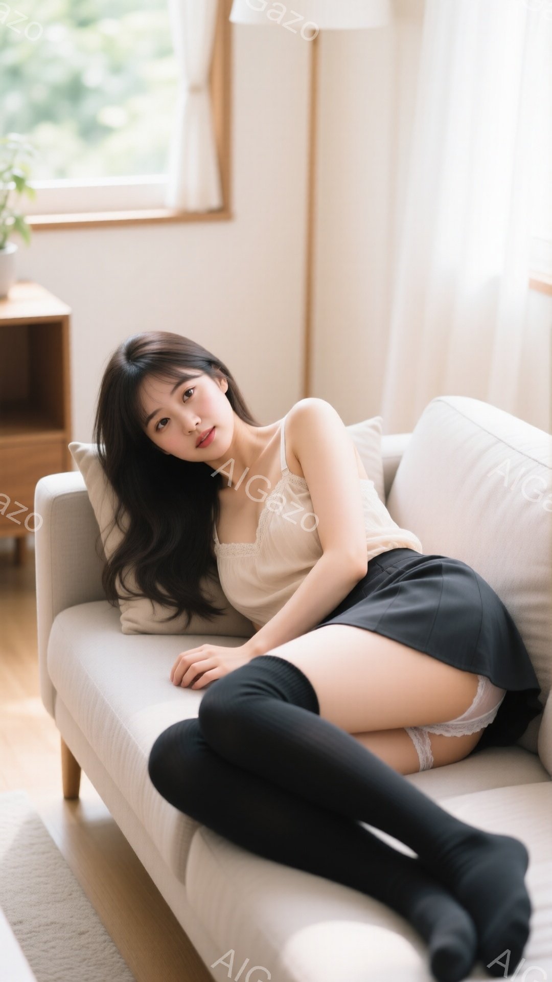 長い黒髪を無造作に広げた女性が、クリーム色のキャミソールと黒いミニスカート、そして黒いニーハイソックスを身に着けてソファに横たわっています。彼女はリラックスした表情で、片手を頭の下に置き、視線をカメラ - AI生成フリー素材