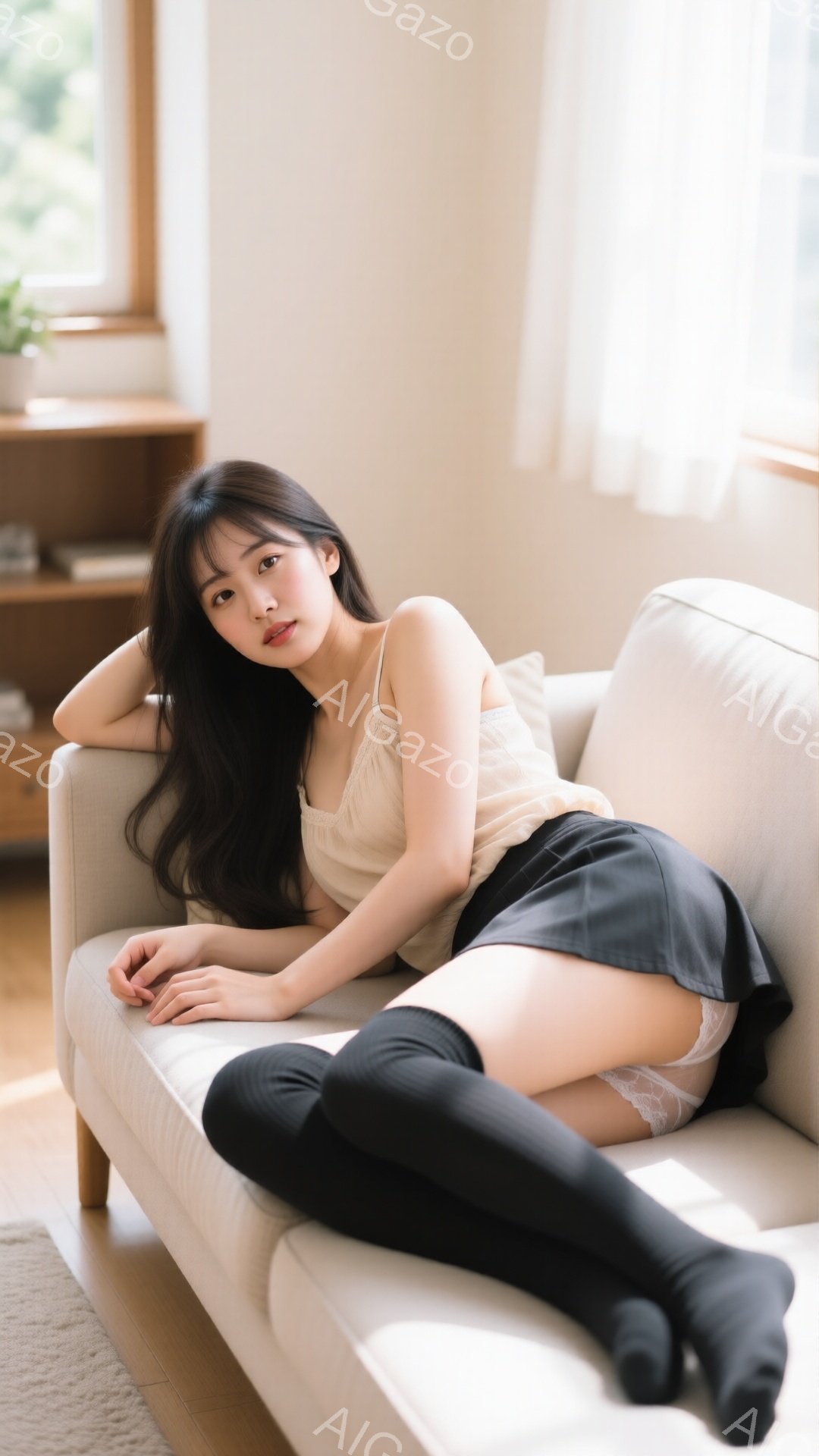 長い黒髪の女性が、クリーム色のキャミソールと黒いミニスカート、そして黒いニーハイソックスを着用して白いソファに横たわっています。彼女は片腕を頭の後ろに組み、リラックスした表情でカメラを見つめています。 - AI生成フリー素材