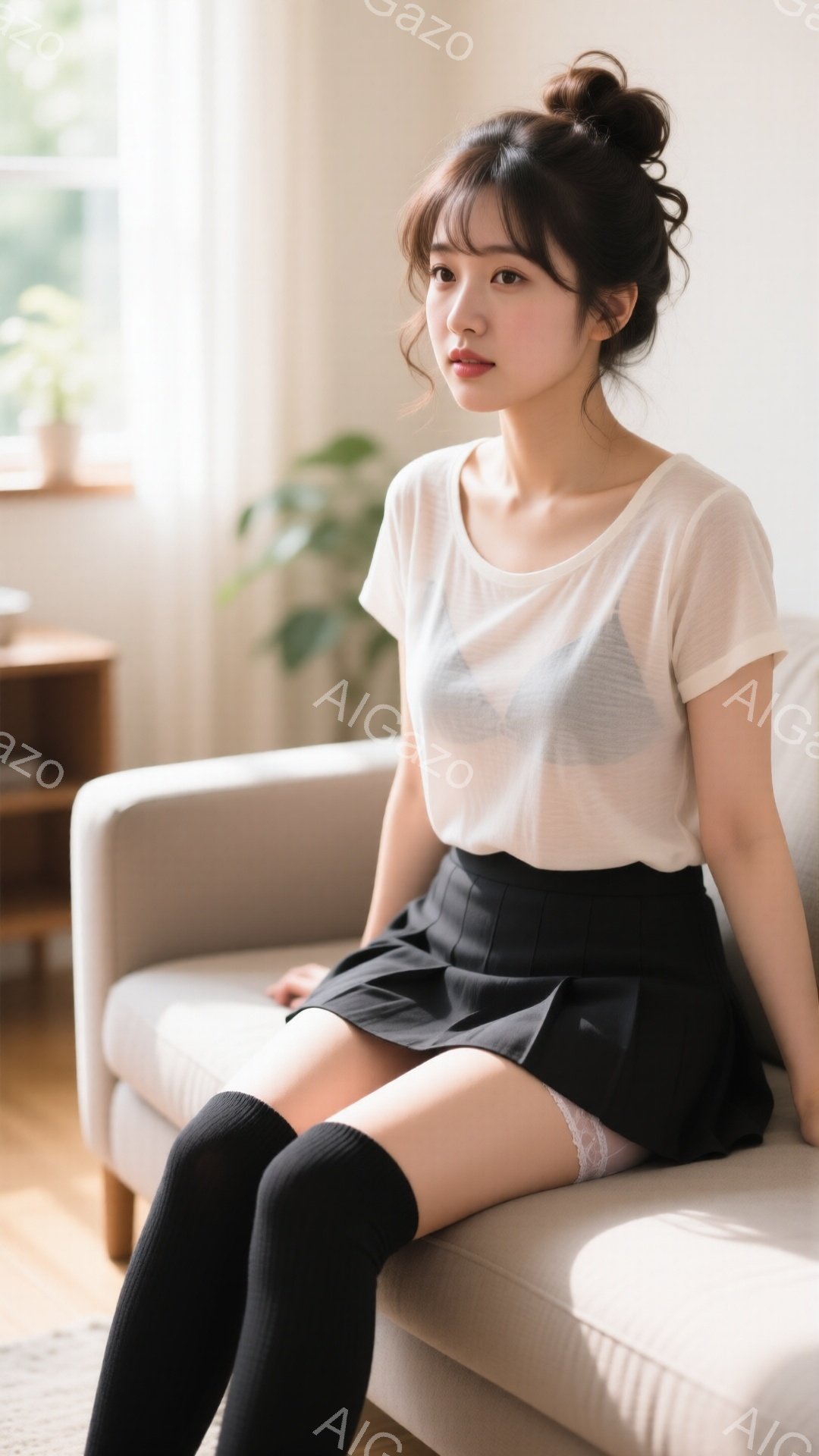 明るいリビングルームで、若い女性がベージュのソファに座っています。白い半透明のトップスと黒いプリーツスカート、黒いニーハイソックスを身につけ、少し微笑んでいます。背景には植物や木製のキャビネットが見え - AI生成フリー素材