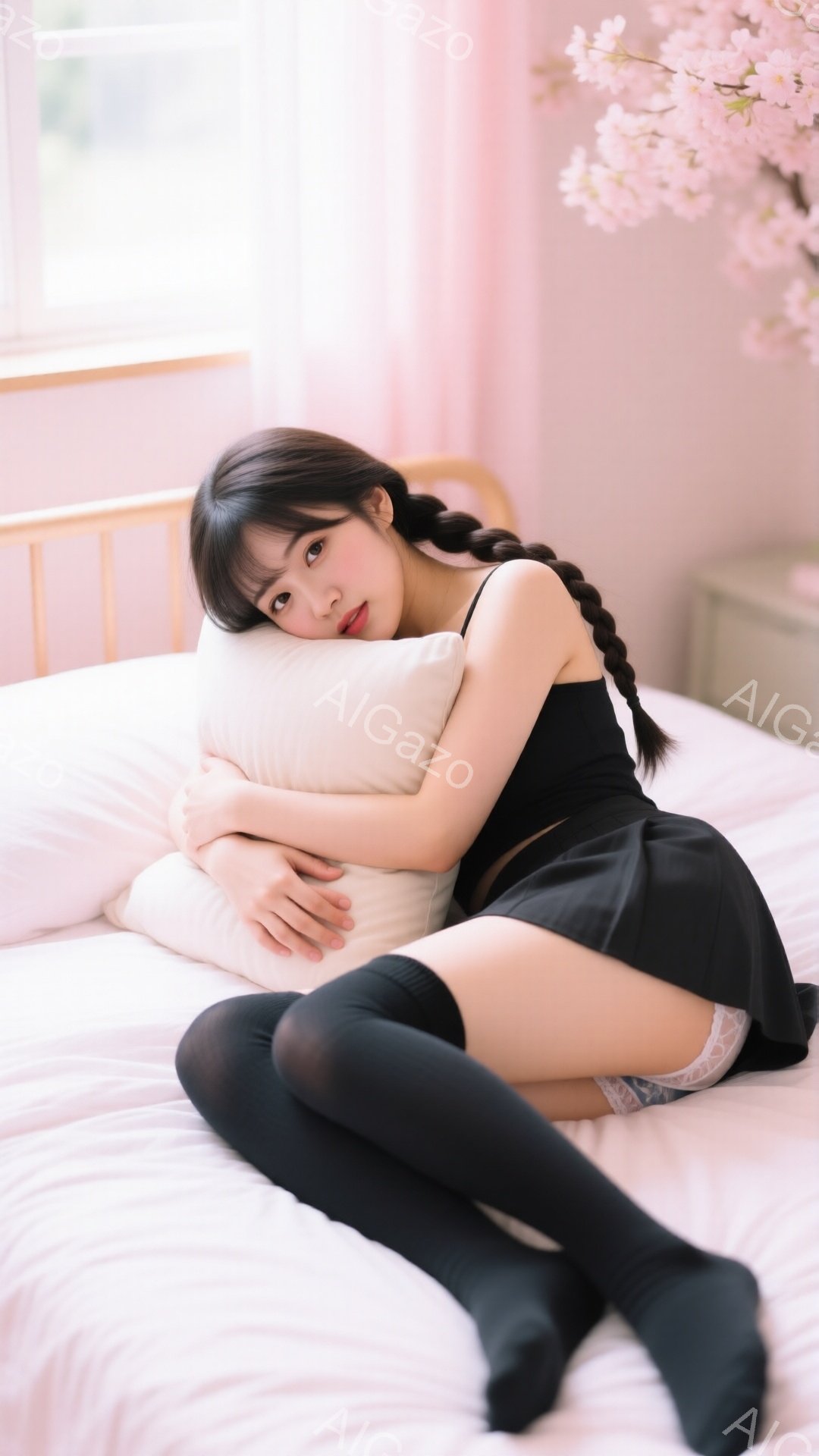 黒髪を三つ編みにした女性が、白いベッドの上で膝を抱えて座っています。黒いトップスとミニスカート、そして膝丈の黒いソックスを身に着けており、表情は少し微笑んでいるように見えます。背景には窓とピンク色の花が映り、全体的に柔らかく、優しい雰囲気です。