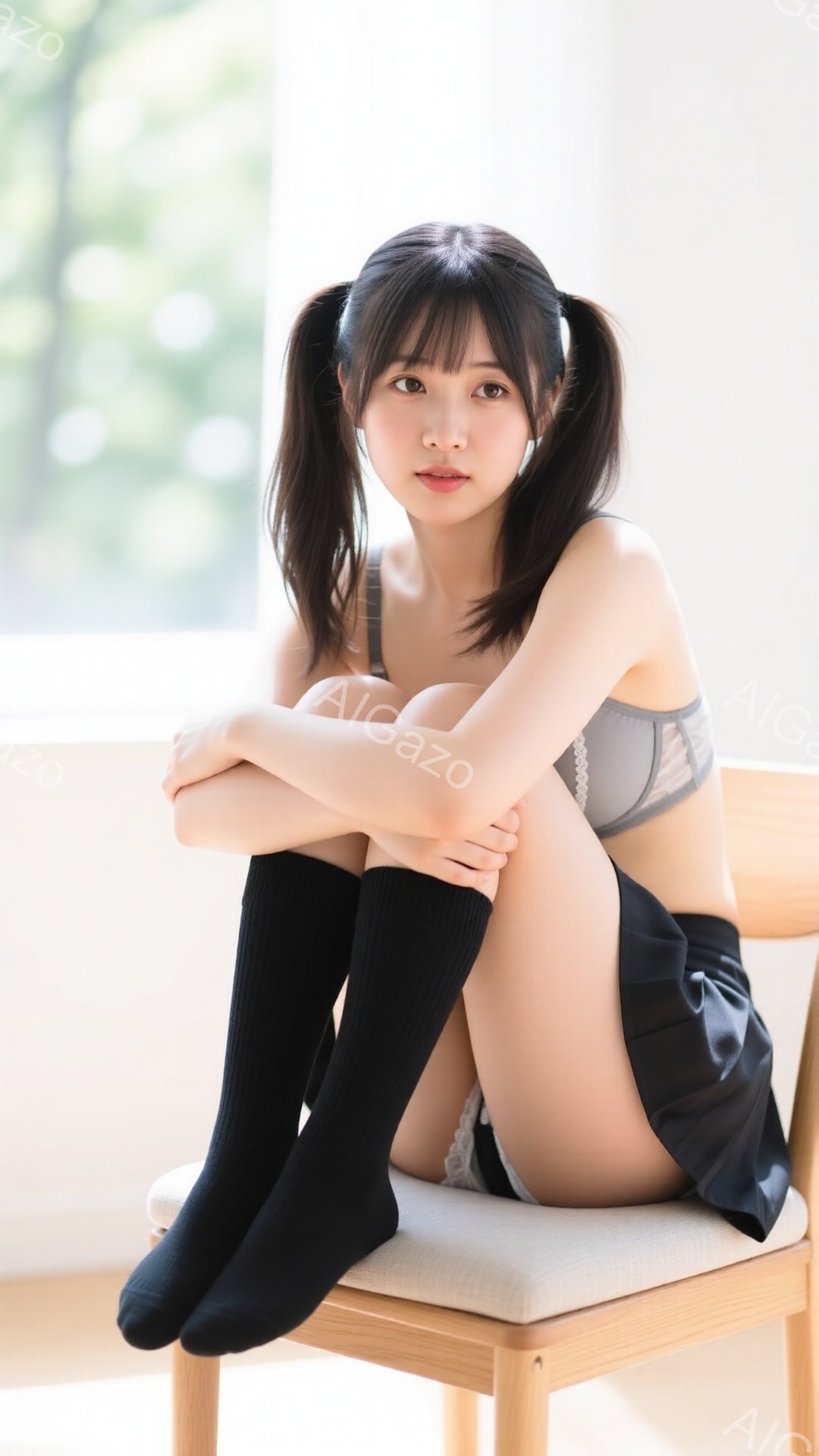 黒髪の少女が椅子に座り、膝を抱えています。彼女は黒いソックスと短いスカート、グレーのキャミソールを着ており、髪は両サイドにポニーテールに結ばれています。背景は窓で、明るい光が差し込み、全体的に柔らかく - AI生成フリー素材
