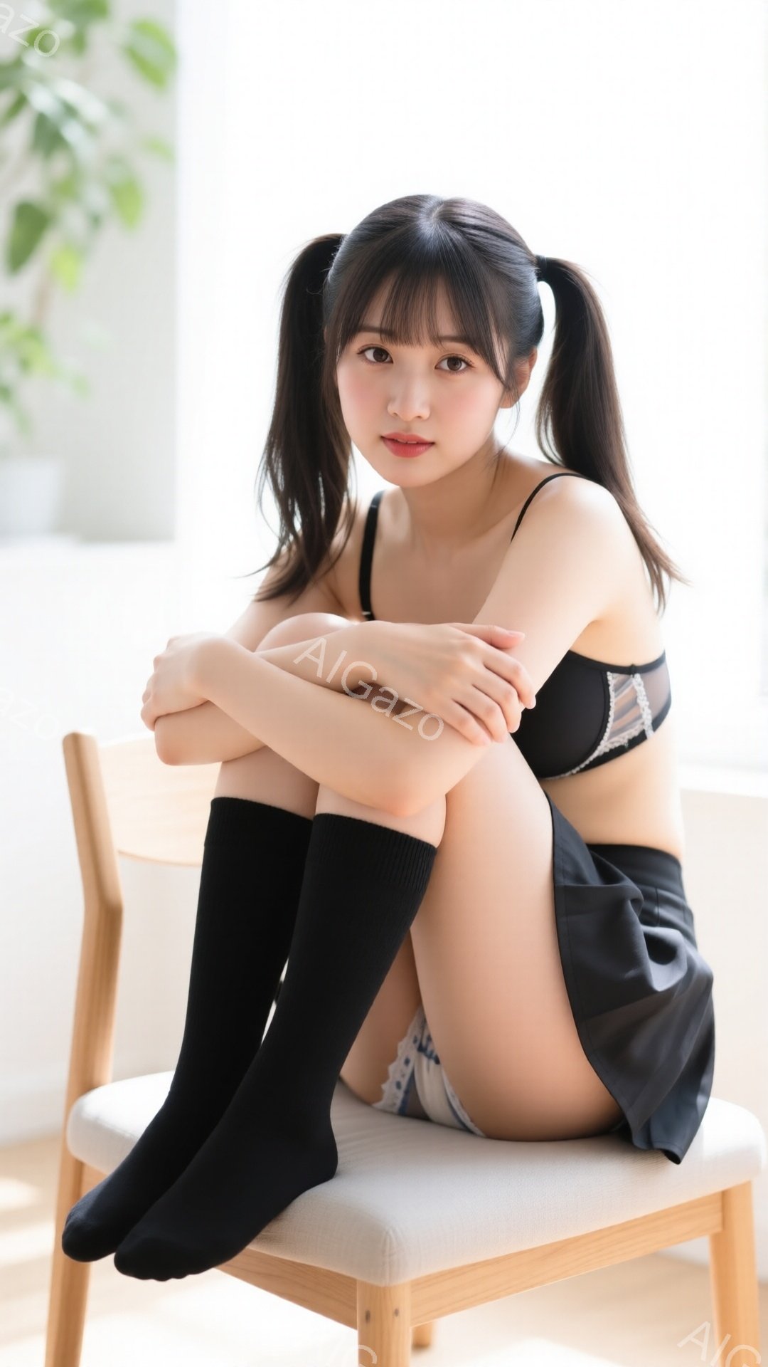 黒髪のツインテールで、黒いニーハイソックスとスカートを着用した若い女性が椅子に座っています。彼女は黒いレースのブラレットを着ており、膝を抱え、少し微笑んでいます。背景には明るい光が入る窓と緑の植物が見 - AI生成フリー素材