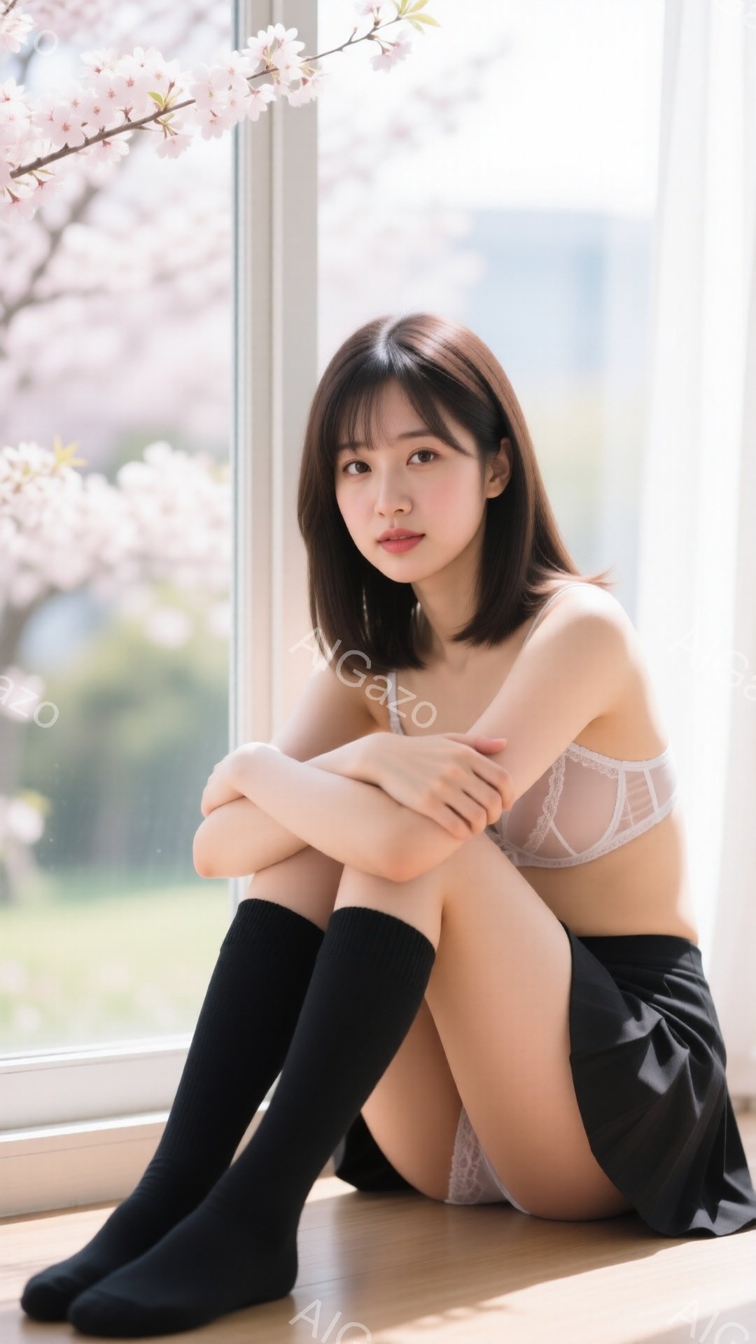 ショートヘアの女性が窓際に座り、膝を抱えています。彼女はレースのブラと黒いミニスカート、黒いソックスを着用しており、少し恥ずかしそうな表情をしています。背景には桜の木が見え、春の穏やかな雰囲気が漂って - AI生成フリー素材