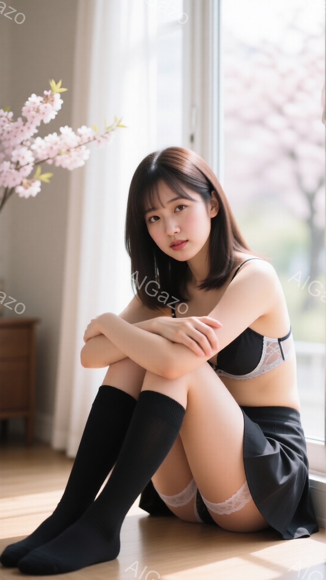 長い茶色の髪を肩まで伸ばした女性が、窓辺に座って膝を抱えています。黒いニーハイソックスと黒いミニスカート、黒いレースのブラジャーを着ており、控えめで物憂げな表情をしています。窓の外には桜の木が見え、室内は暖かく、春らしい穏やかな雰囲気です。