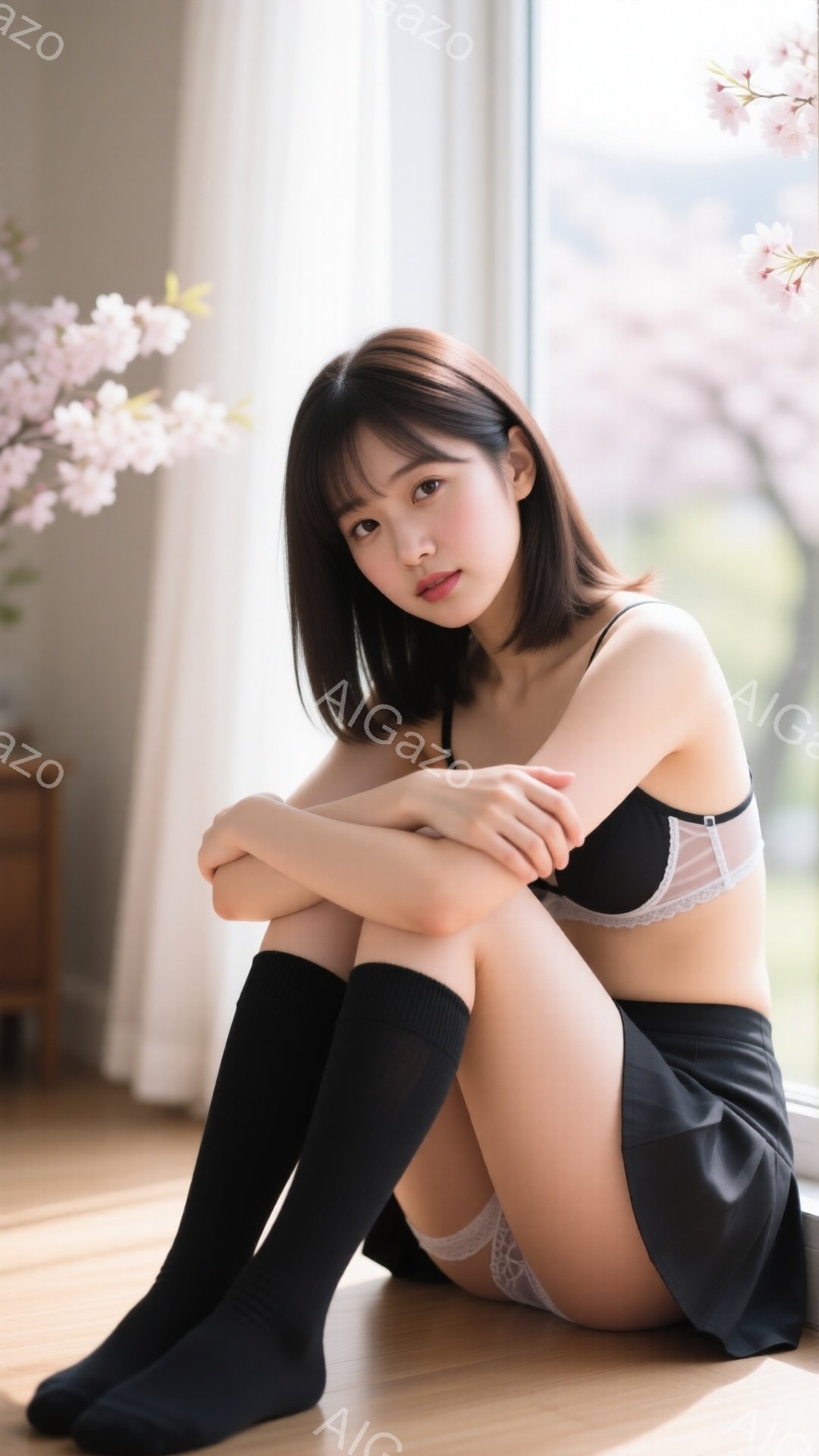 短い黒髪で前髪が目にかかる女性が、膝を抱えて床に座っています。黒いレースのブラとスカート、そして黒い膝丈の靴下を着用しており、表情は少し微笑んでいます。背景には窓と桜の枝が見え、明るく優しい雰囲気です。