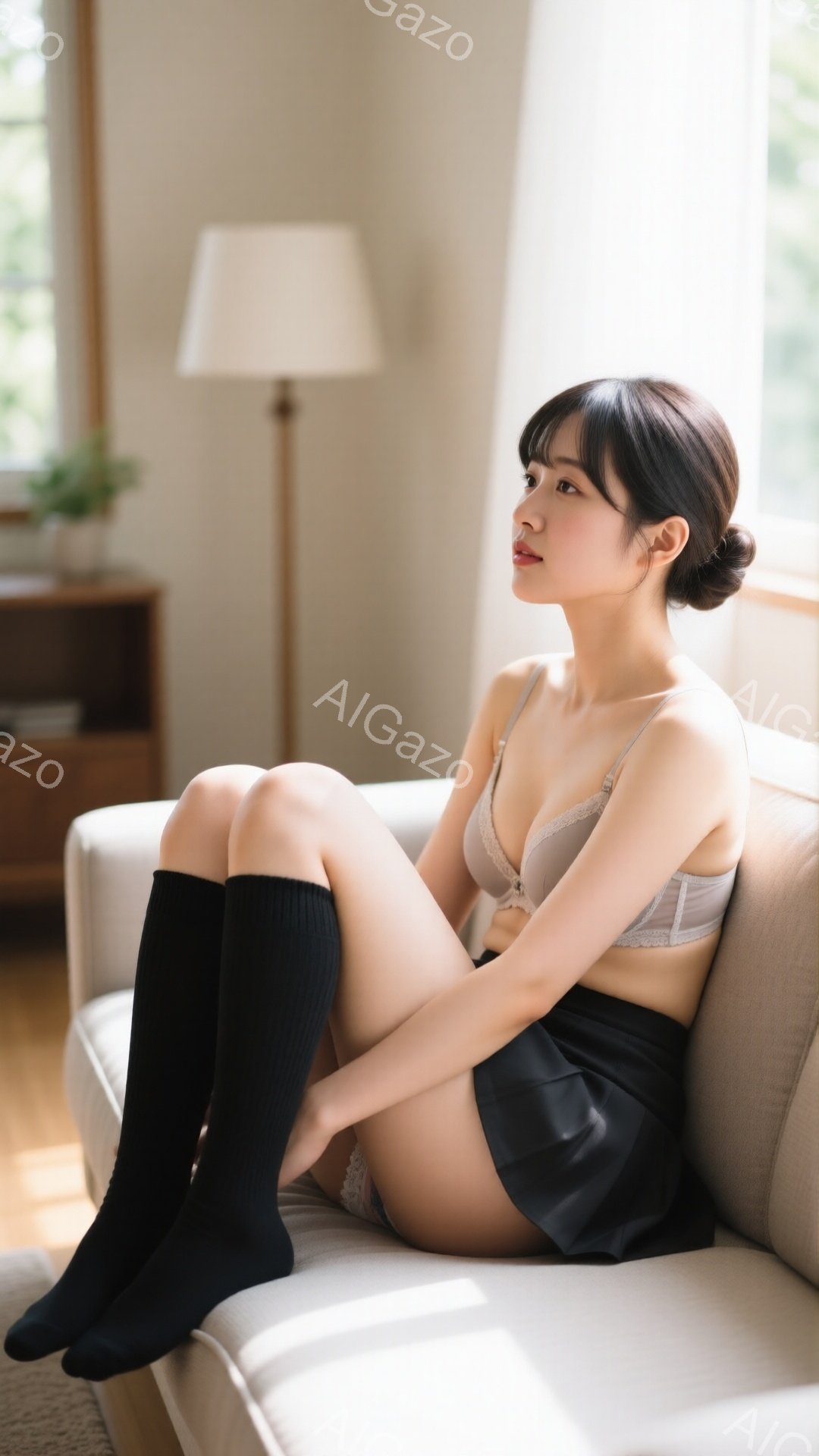 モデルはクリーム色のソファに座っており、黒いニーハイソックスとベージュのレースのブラレットとショートパンツを着用しています。彼女は横を向き、少し憂いを帯びた表情で遠くを見つめています。背景には木製のキ - AI生成フリー素材