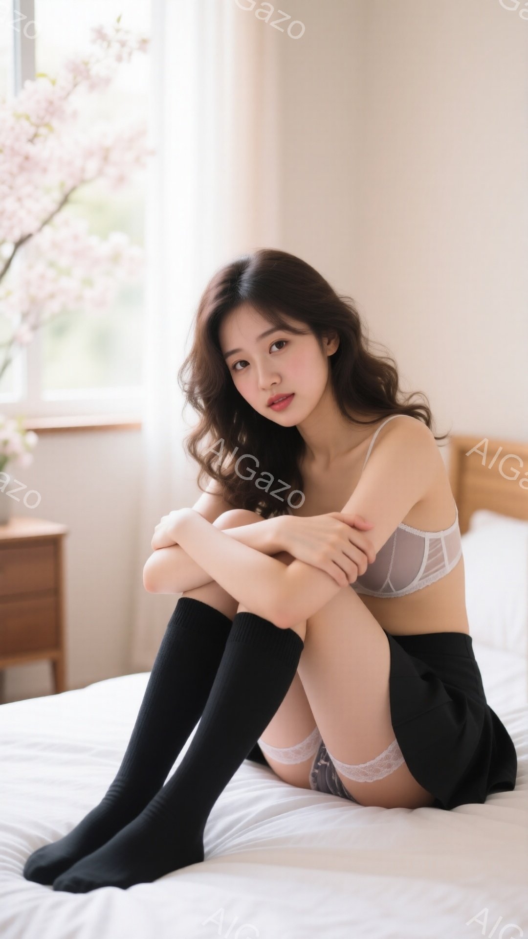 黒いニーハイソックスと短いスカートを着用した若い女性が白いベッドに座って膝を抱えています。彼女は白いレースのブラジャーを着ており、長い茶色の髪はゆるく波打っています。背景には木製のチェストと桜の枝が見え、柔らかい光が暖かく穏やかな雰囲気を作り出しています。