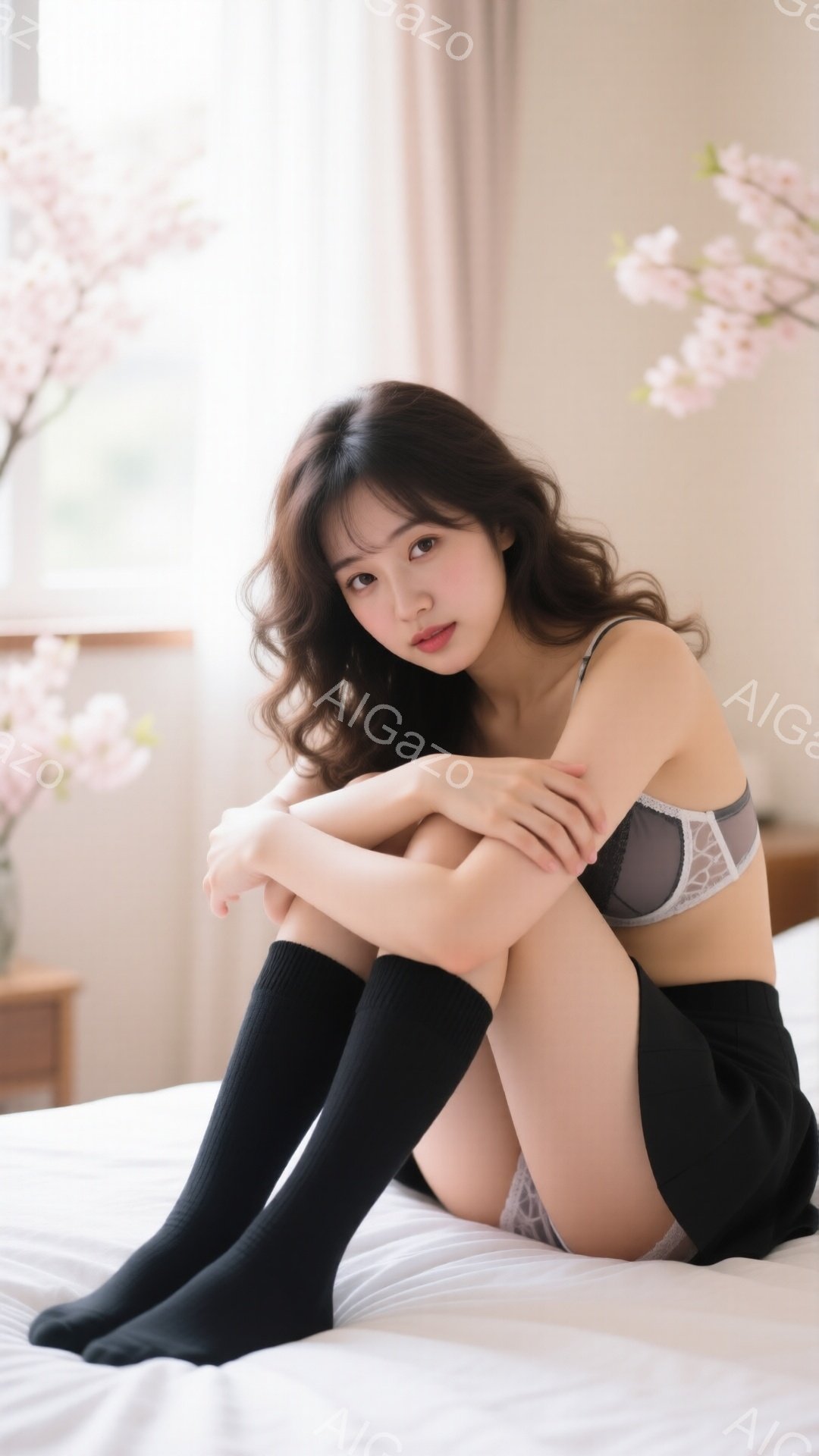 黒い長い靴下と黒いスカートを履き、レースの縁取りが施された下着を身につけた若い女性が、白いベッドに膝を抱えて座っています。彼女は豊かな巻き毛の髪を持ち、少し微笑んだ表情でカメラを見ています。背景には、ぼやけた花柄の模様と、柔らかい光が差し込む窓が見え、全体的に穏やかで親密な雰囲気を醸し出しています。