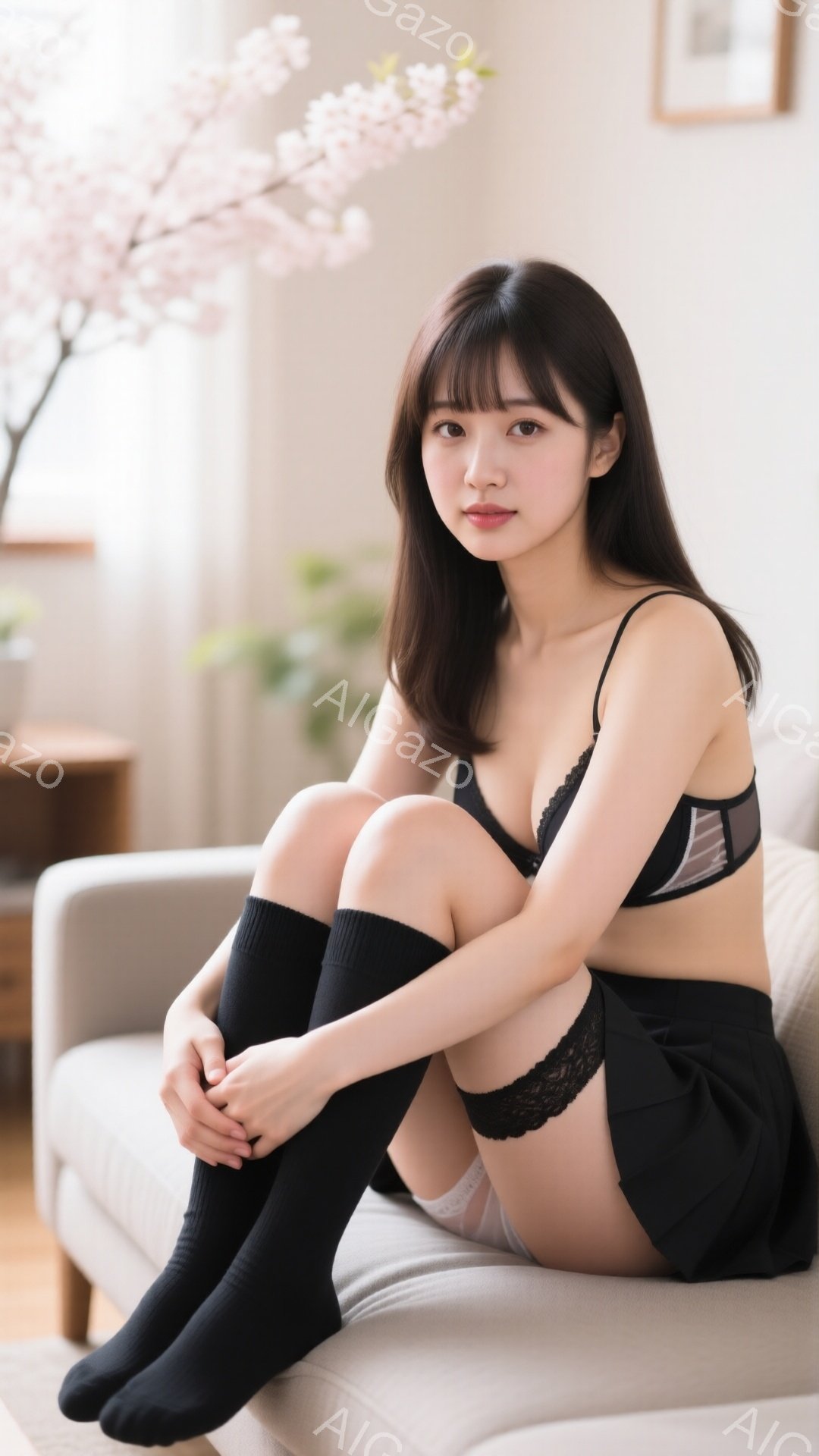 長い黒髪の女性が、ベージュのソファに座って膝を抱えています。黒のニーハイソックスと、黒いレースの縁取りのある下着とミニスカートを着用しています。背景には、ピンクの花が咲き乱れる桜の木と、シンプルな絵画が飾られた明るいリビングルームが広がっており、穏やかで親密な雰囲気を醸し出しています。
