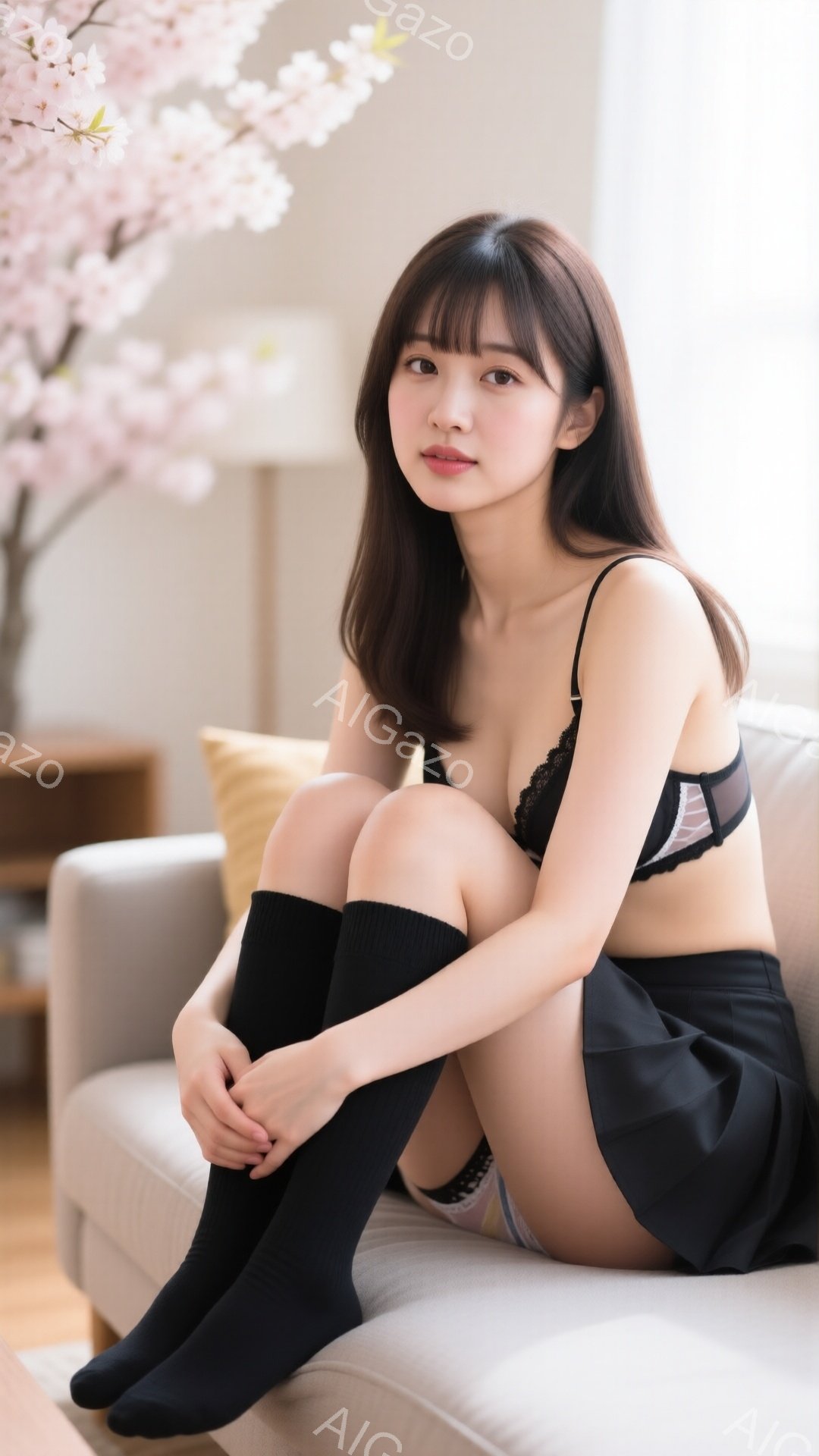 長い黒髪で前髪を作った若い女性が、クリーム色のソファに座って足を組んでいます。黒いニーハイソックスと黒いレースのブラとスカートを着用しており、控えめで少し憂いのある表情をしています。背景には桜の枝と家具が見え、柔らかく暖かい室内空間を表現しています。