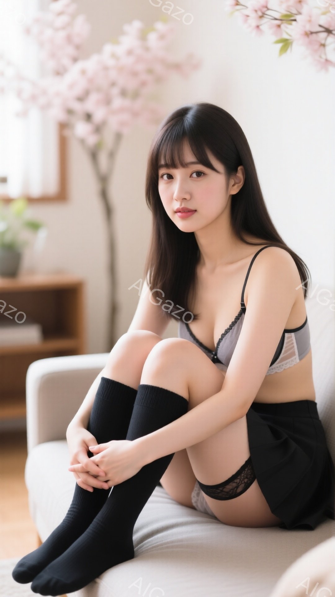 長い黒髪を肩で分けており、前髪は眉毛にかかる程度に切り揃えられています。グレーのキャミソールと黒いミニスカート、黒いニーハイソックスを着用し、ソファに足を揃えて座っています。背景には、暖色系の木製の棚と、ピンク色の桜の枝が見え、柔らかく優しい雰囲気が漂っています。
