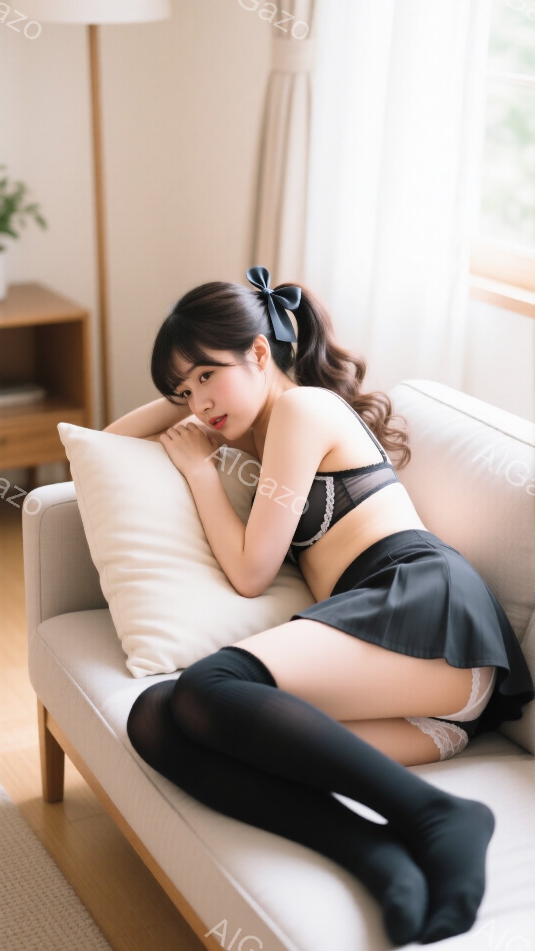 長い黒髪をポニーテールにし、黒いニーハイソックスと短いスカートを履いた女性が、白いソファに横たわってクッションを抱えています。彼女は薄いピンク色の口紅を塗っており、少し微笑んでカメラを見つめています。 - AI生成フリー素材