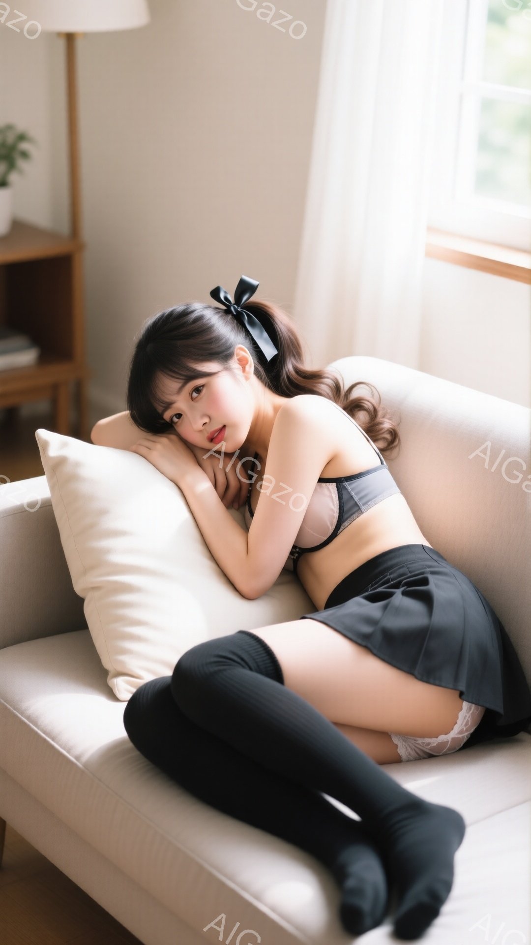 明るいリビングルームで、黒いニーハイソックスと黒いミニスカートを着用した若い女性が、クリーム色のソファに横たわっています。彼女は黒いレースのブラレットを着用し、髪はリボンで結ばれたポニーテールになって - AI生成フリー素材