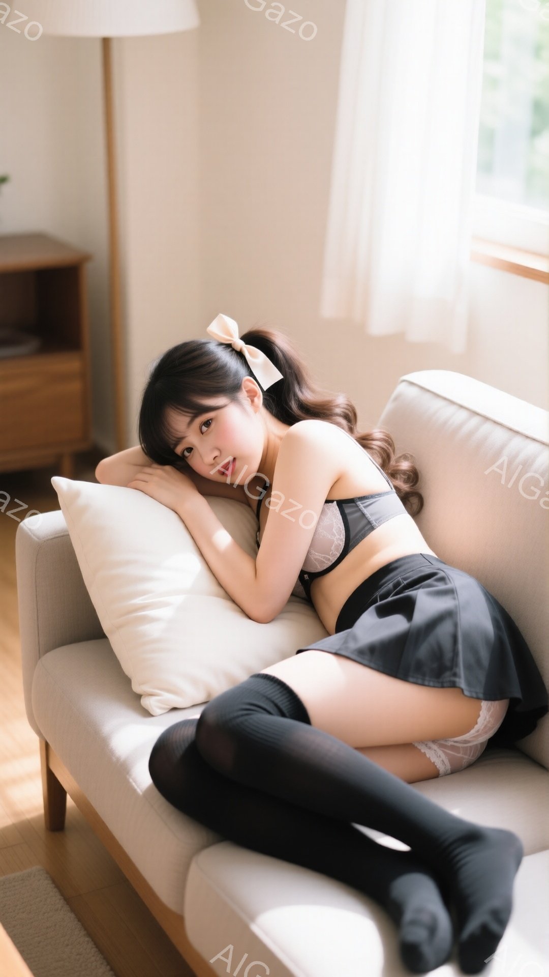 明るいリビングルームで、若い女性がソファーに横たわっています。彼女は黒いレースのブラとミニスカート、膝丈の黒いソックスを身に着け、髪はリボンで結ばれたポニーテールです。女性は片腕を頭の下に置き、リラッ - AI生成フリー素材