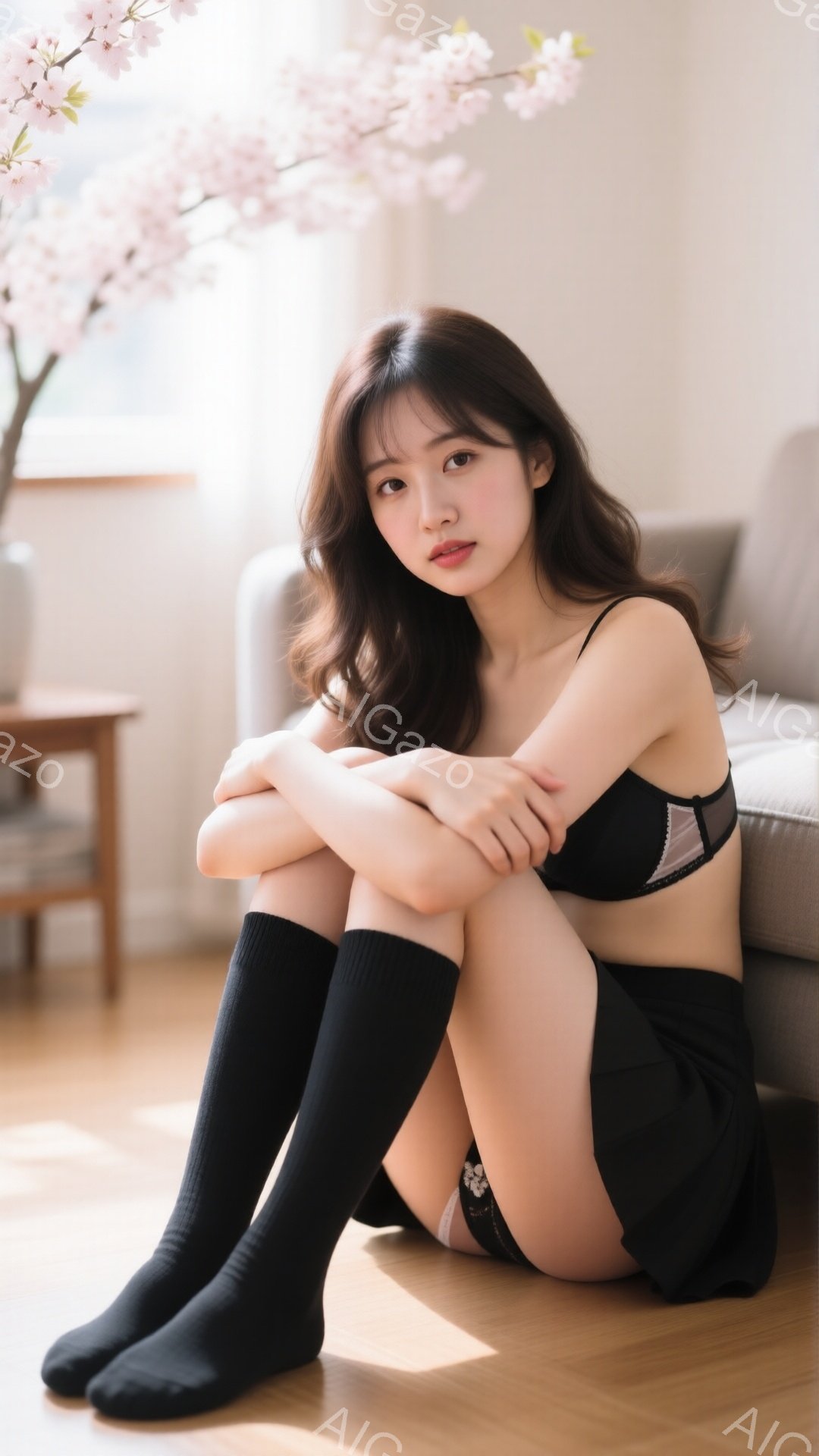 長い茶色の髪をした若い女性が床に座って膝を抱えています。彼女は黒いレースのブラと短いスカート、そして膝丈の黒いソックスを身に着けています。背景には木製の床とソファがあり、窓の外には桜の枝が見え、柔らかく明るい雰囲気です。