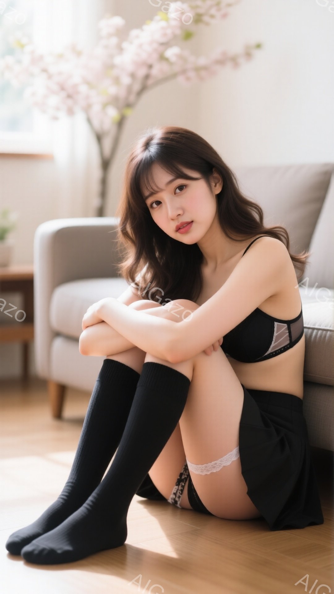 長い茶色の髪は肩にかかり、前髪が目に少し触れるようにカットされている女性が、床に座って膝を抱えている。黒いニーハイソックスと黒いミニスカートを履き、黒いレースの装飾が覗く。背景には薄いピンク色の桜の花の枝と、グレーのソファが見え、部屋全体が柔らかく温かい雰囲気を醸し出している。